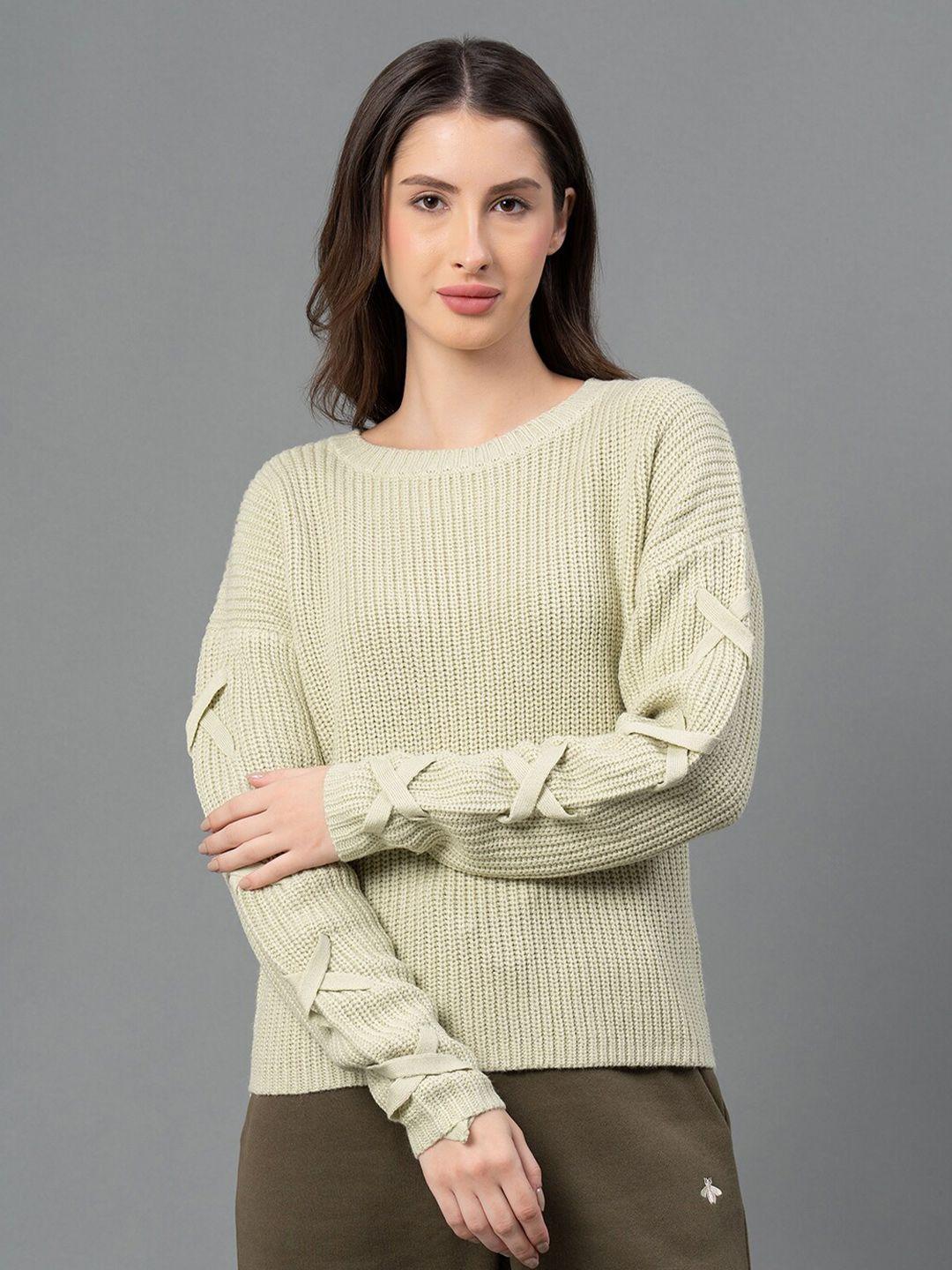 mode by red tape women green solid self design sweater