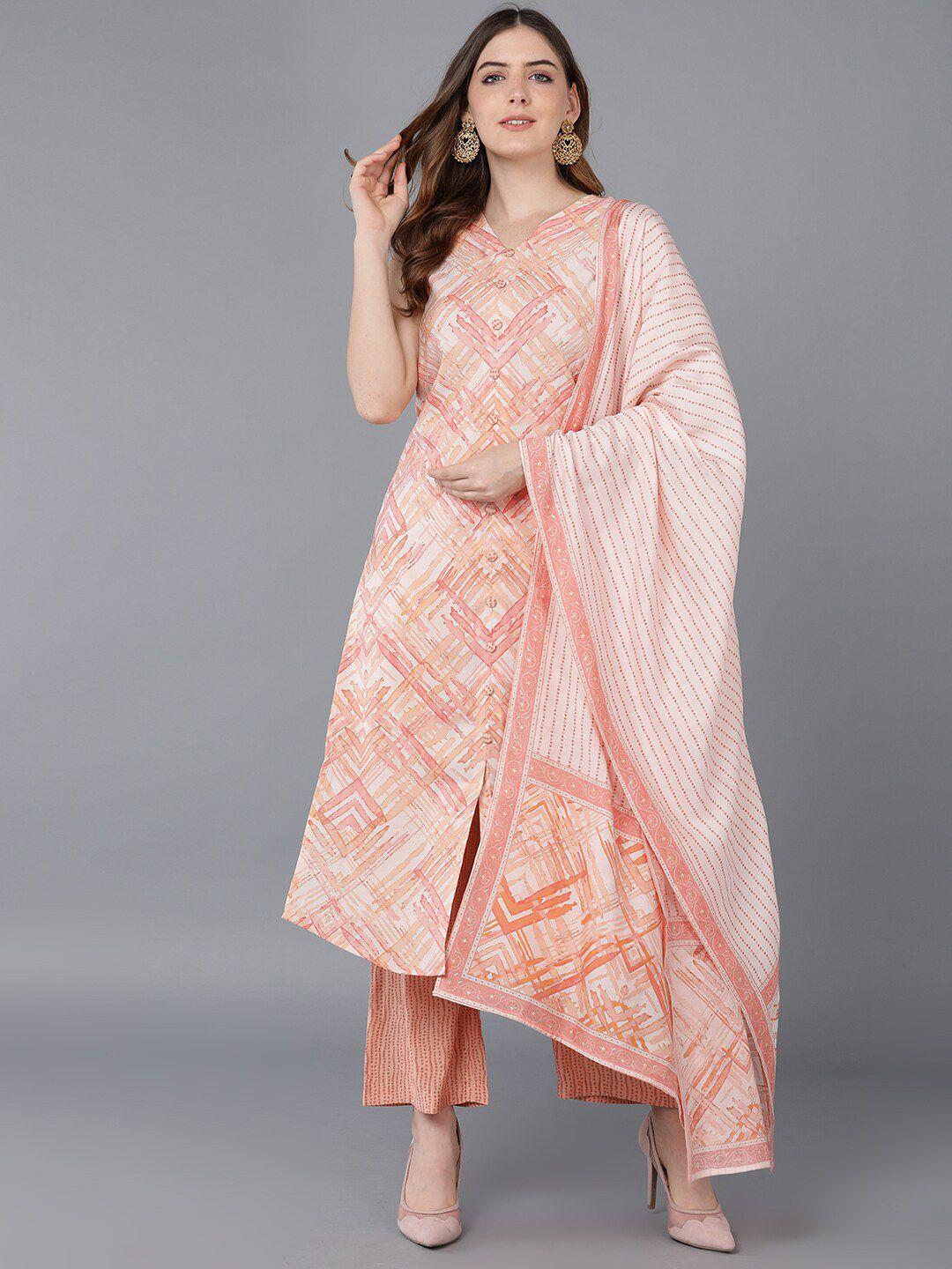 ahika women nude-coloured printed kurta with palazzos & with dupatta