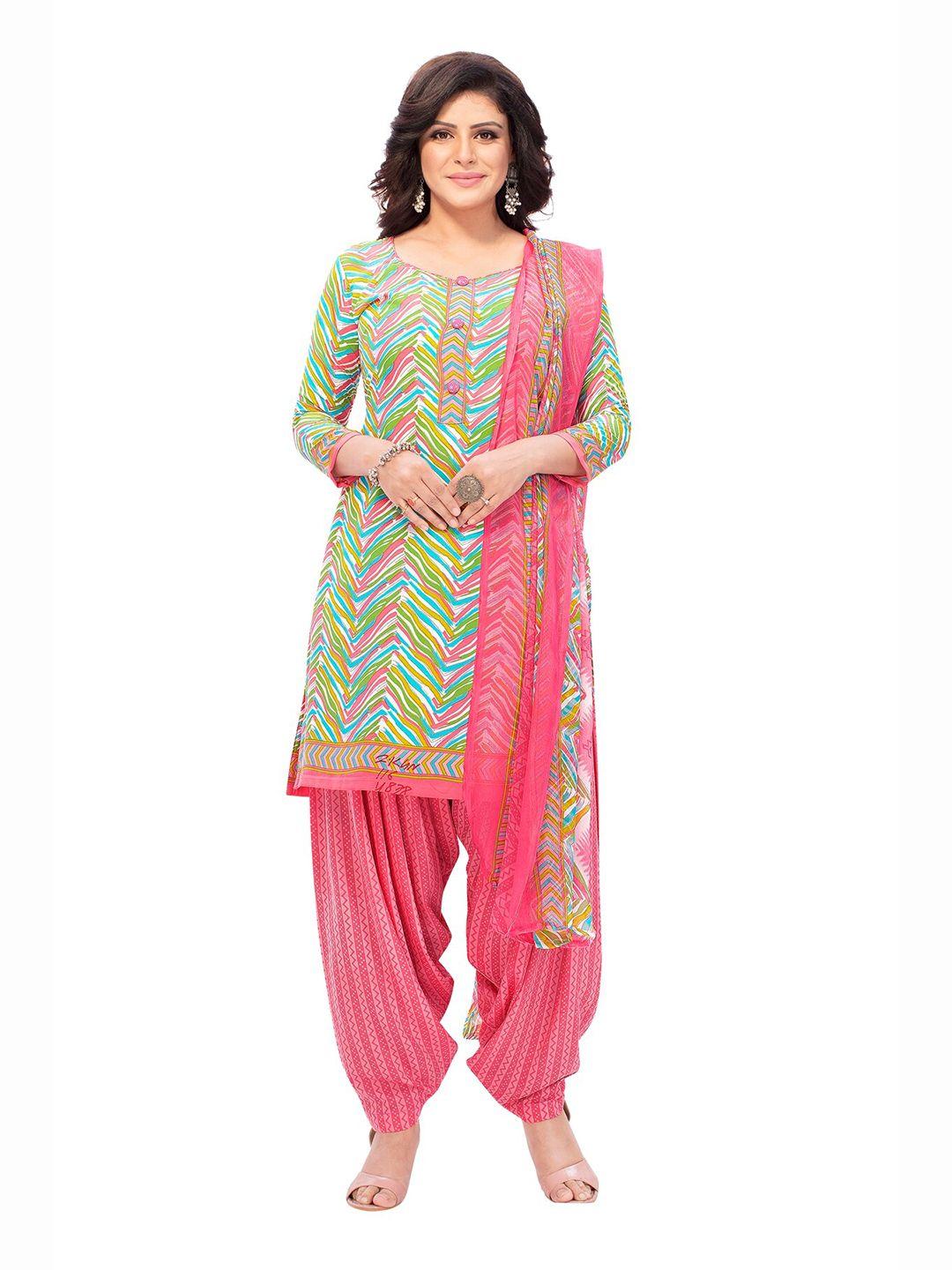 salwar studio women green & pink printed cotton unstitched dress material