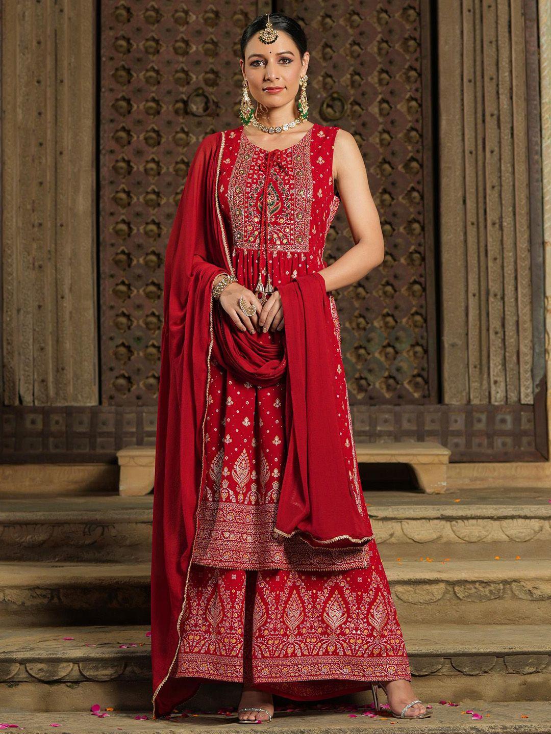 scakhi women red ethnic motifs printed pleated gotta patti kurta with palazzos & with dupatta