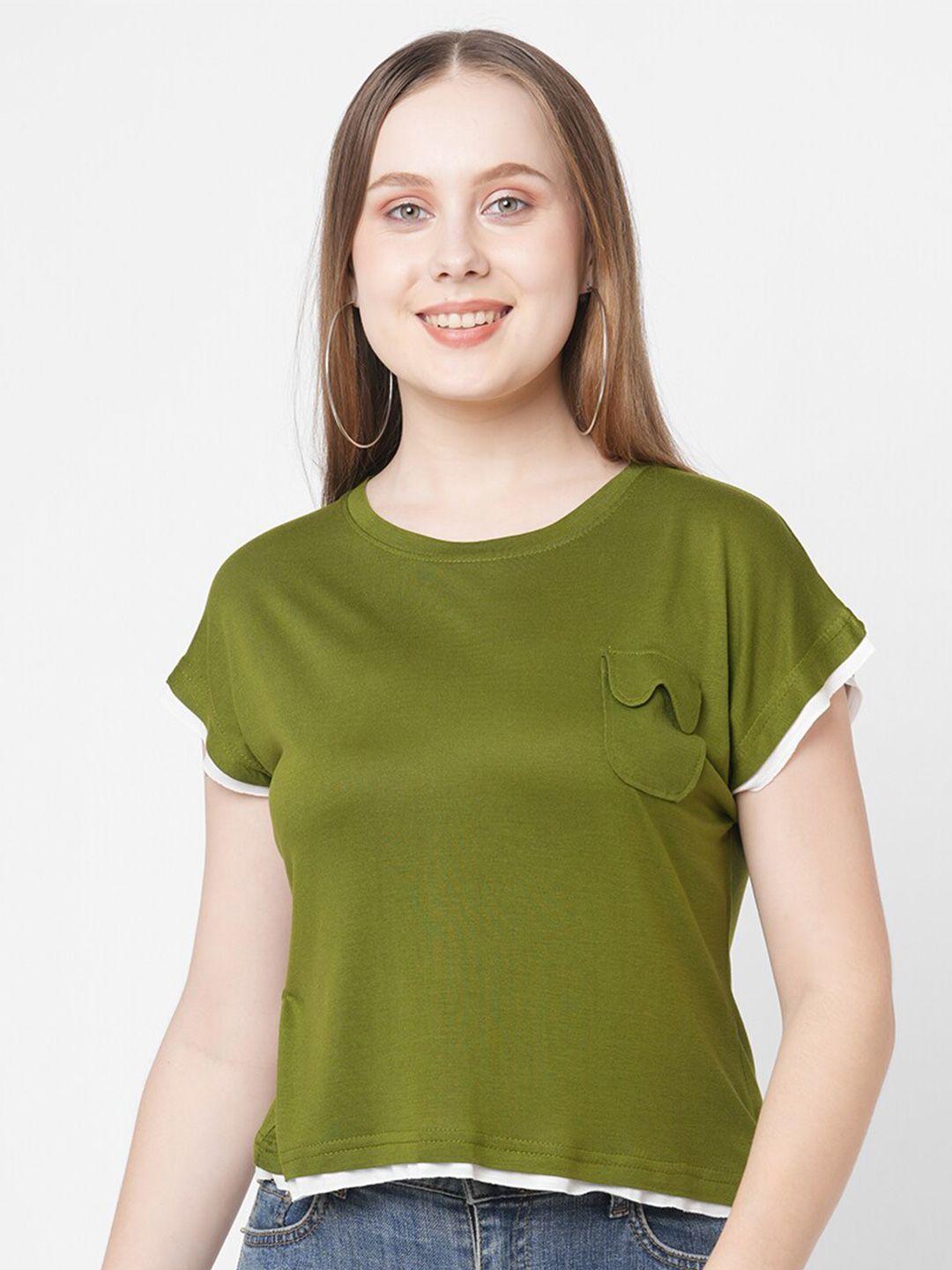 mish women olive green extended sleeves raw edge t-shirt