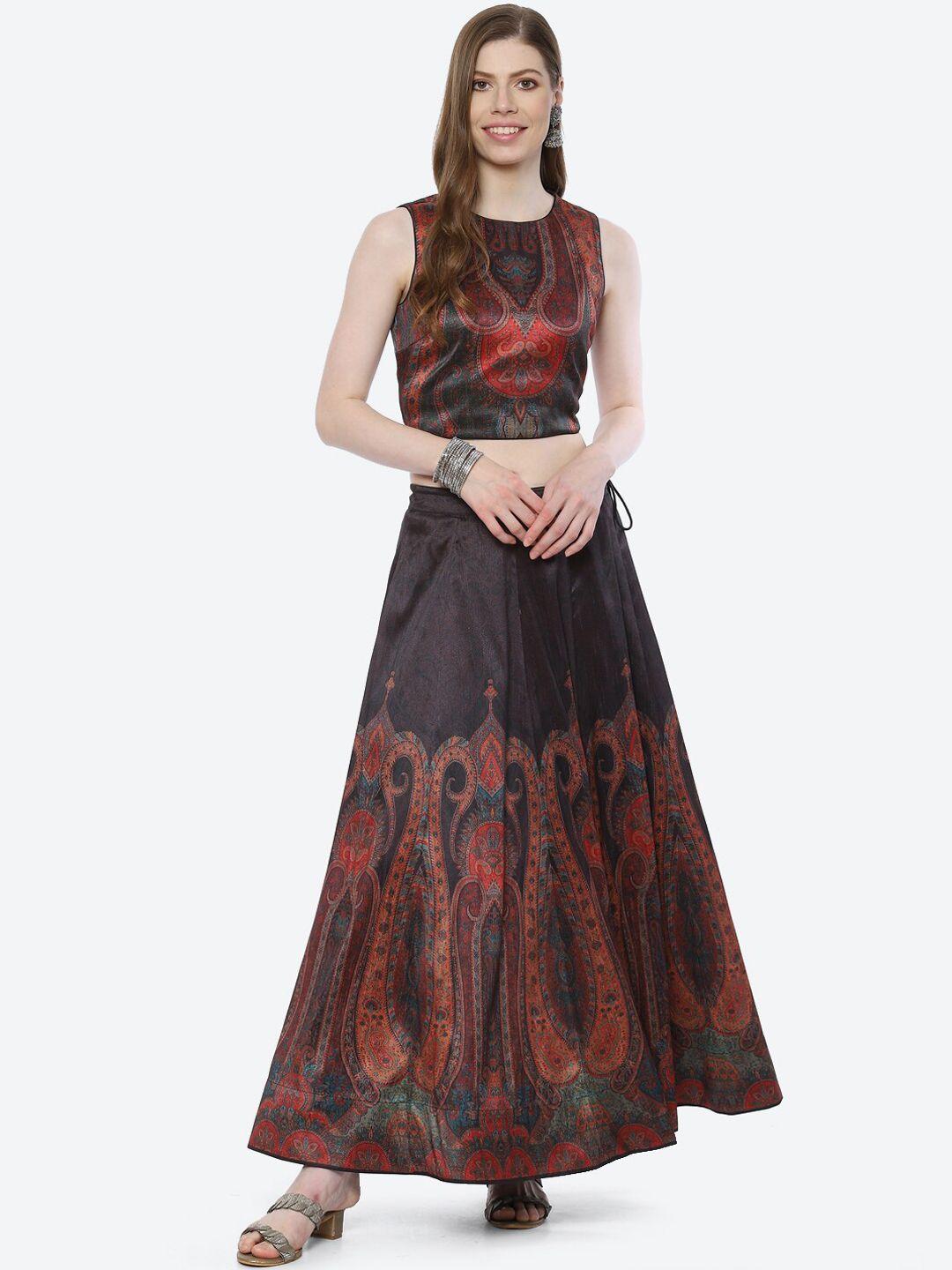 biba black & maroon printed semi-stitched lehenga & unstitched