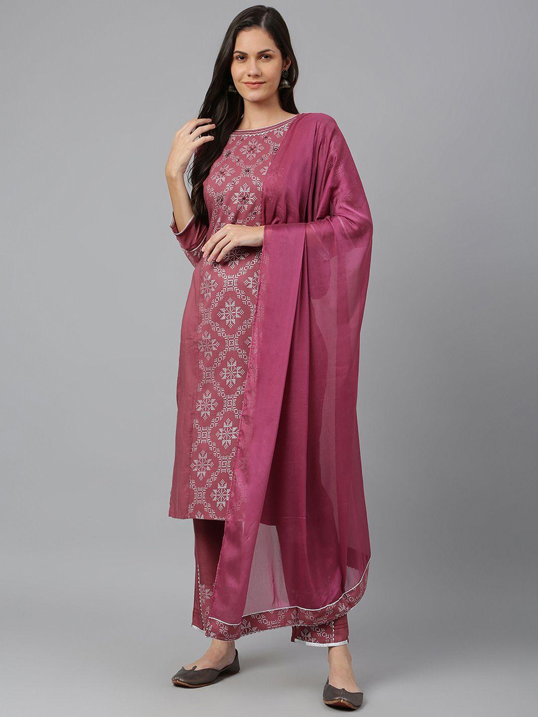 kiana women mauve printed gotta patti kurta with trousers & with dupatta