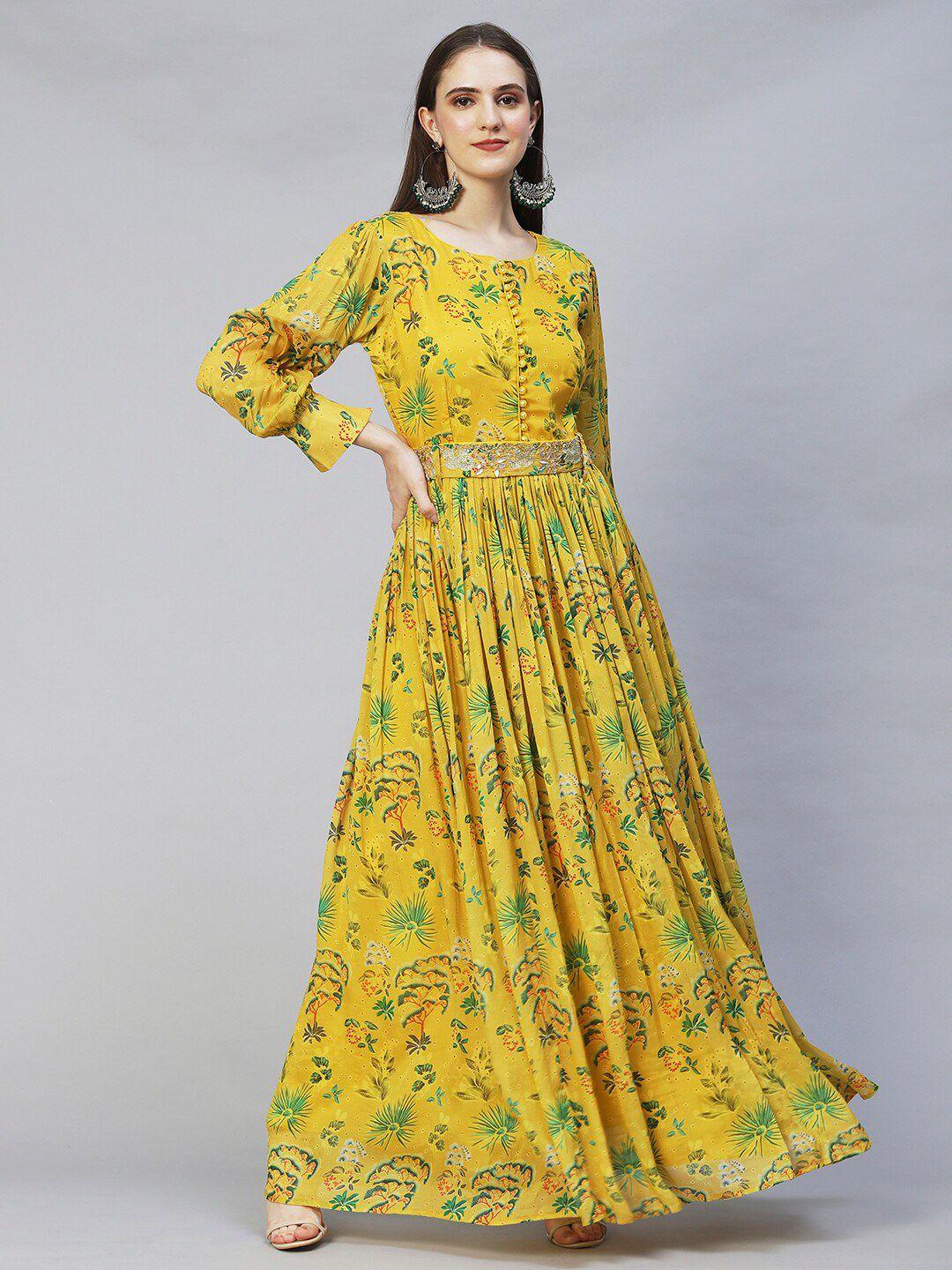 envy me by fashor yellow floral pleated flared georgette maxi dress with embroidered belt