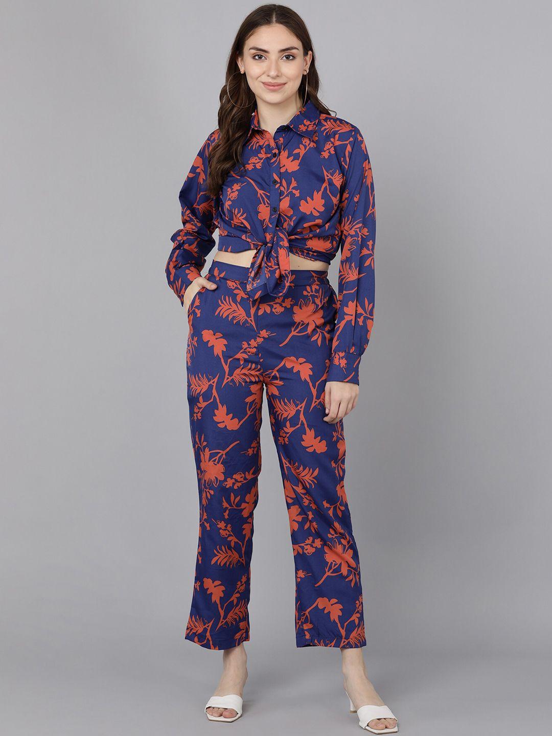 fashfun women navy blue printed co-ords