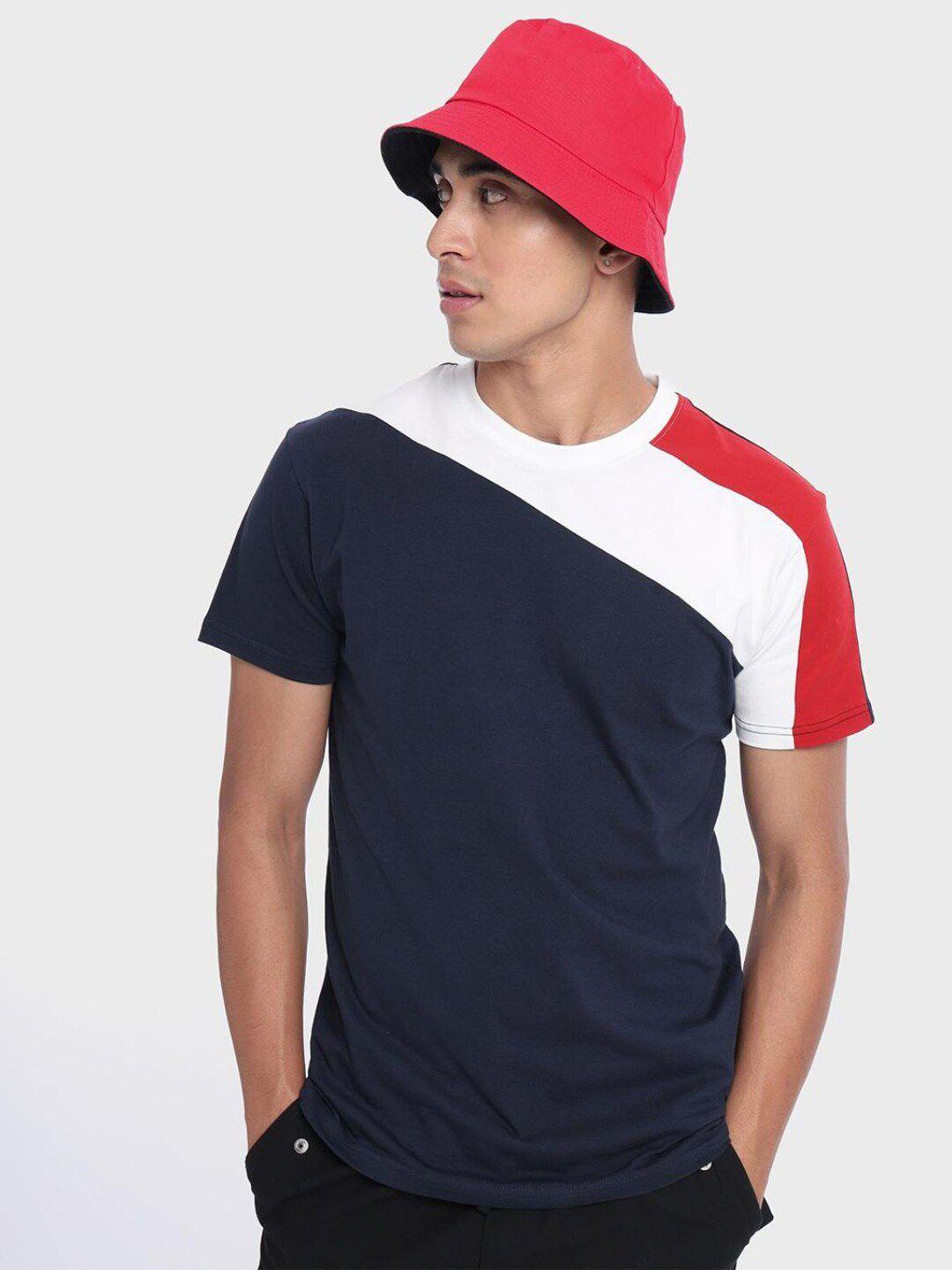 bewakoof men navy blue & white colourblocked t-shirt