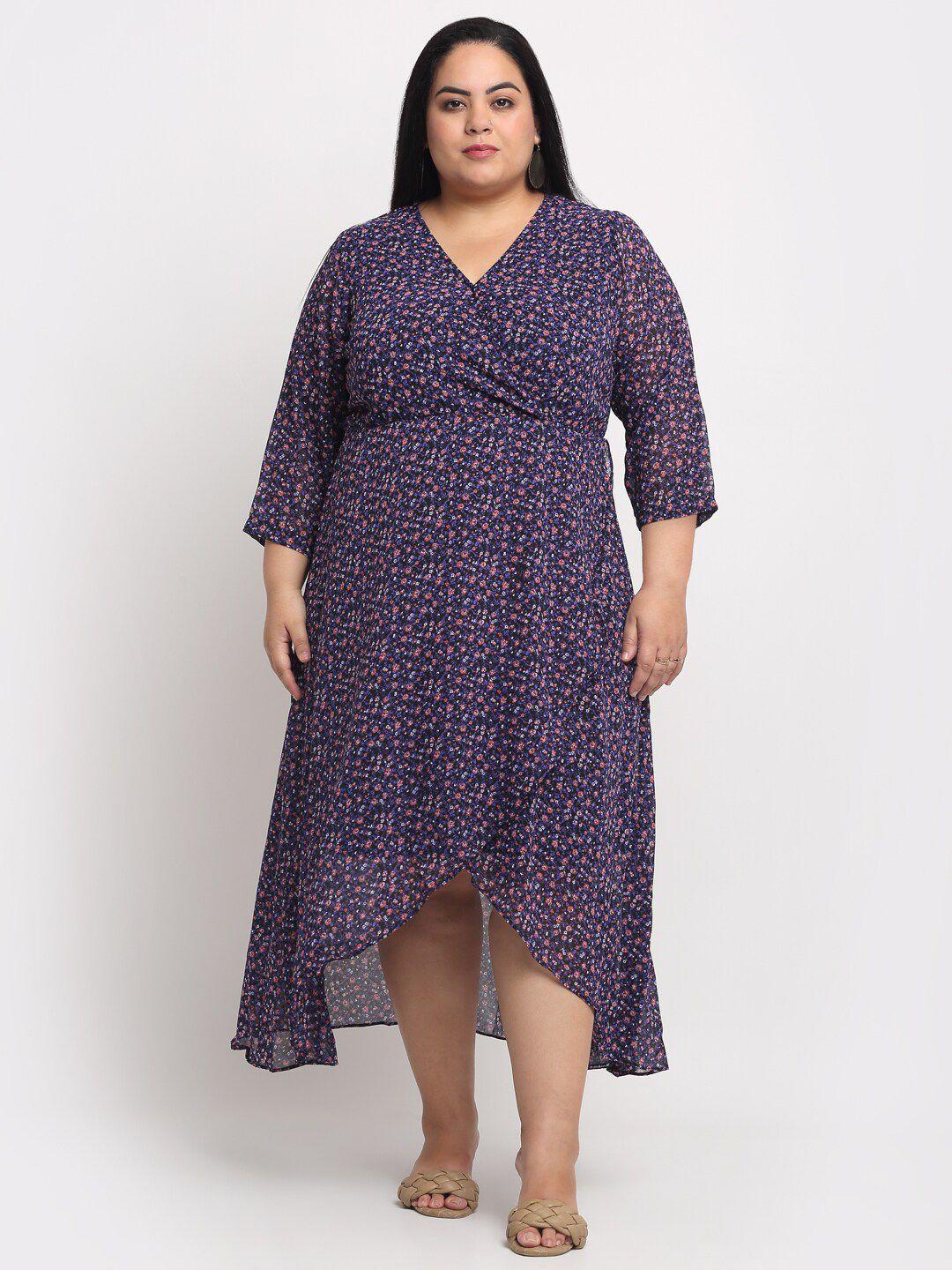 pluss women plus size navy blue & pink floral printed wrap tulip hemline maxi dress