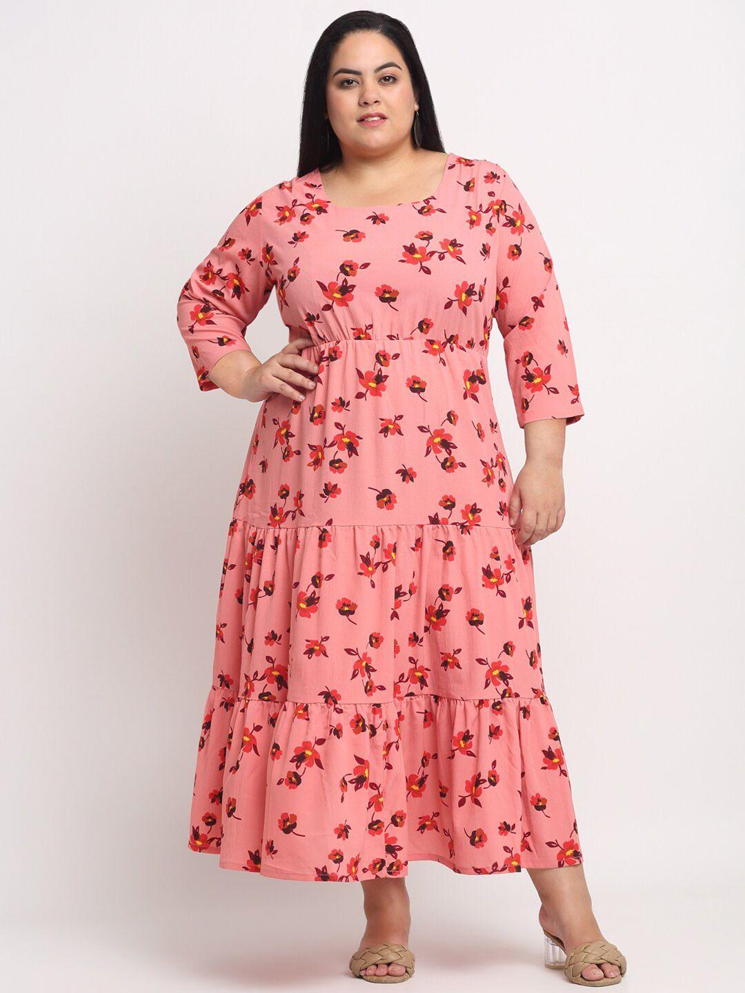 pluss peach-coloured & orange floral a-line midi dress