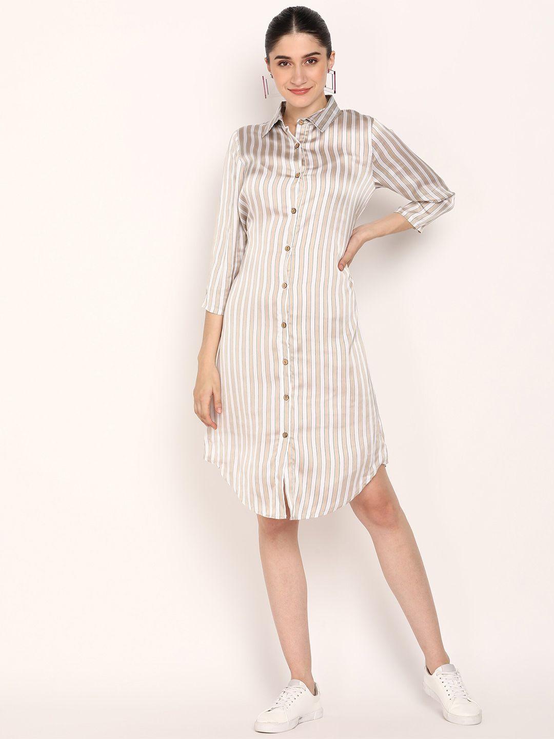 dodo & moa women beige striped georgette shirt dress