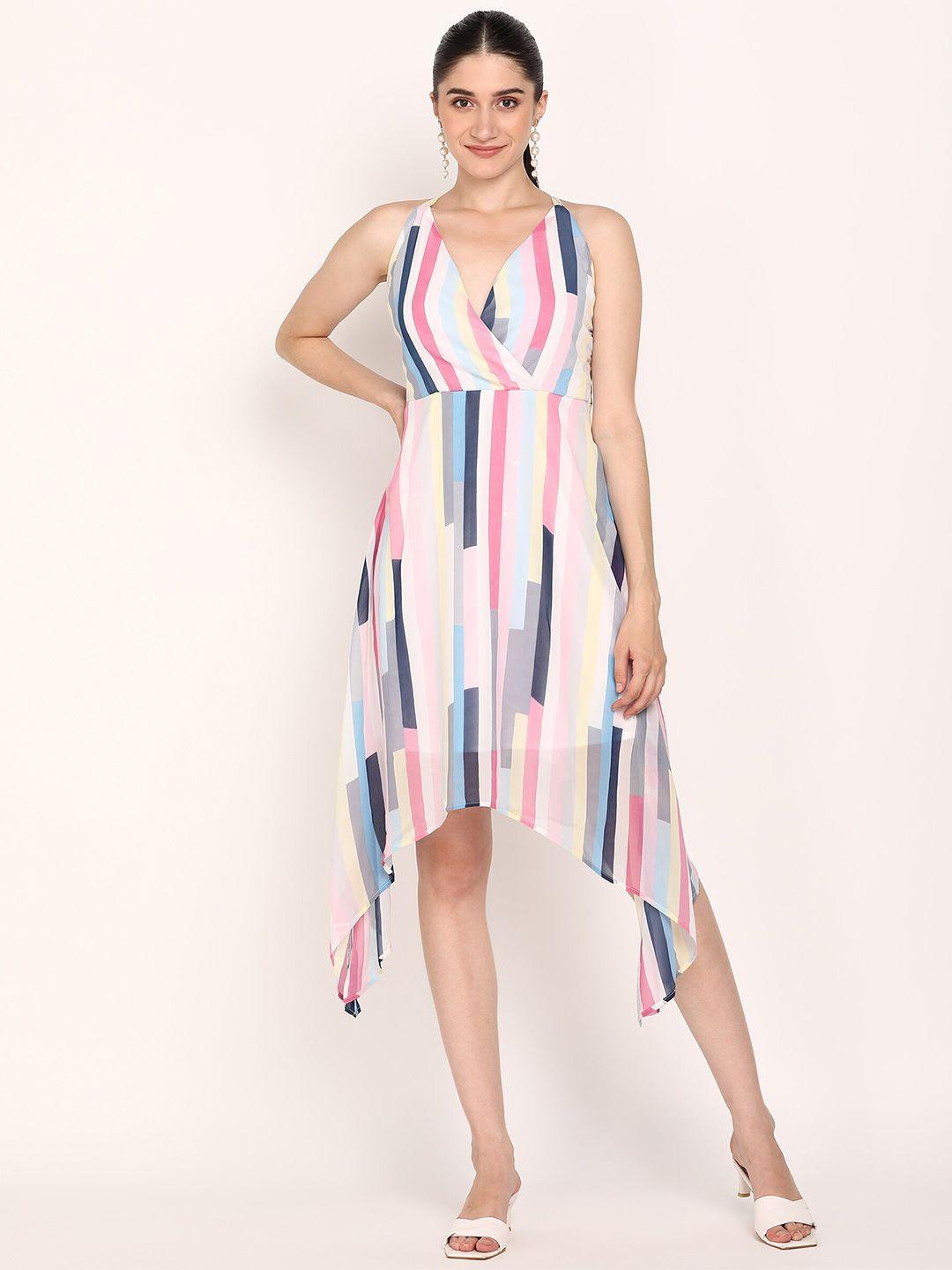 dodo & moa women white & pink striped georgette midi dress