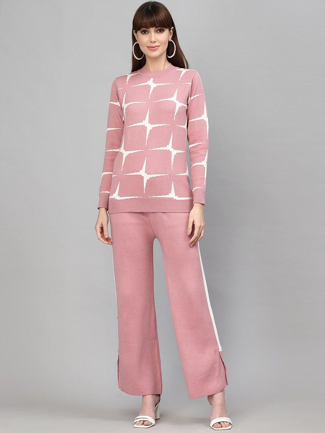 broowl women pink woollen sweatshirt & trousers co-ord set