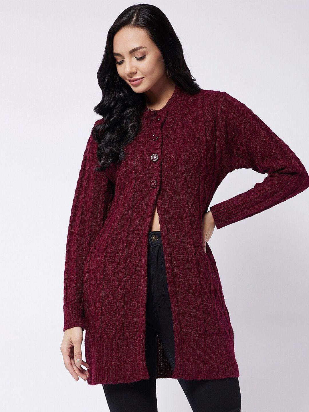 rivza women maroon self design cardigan