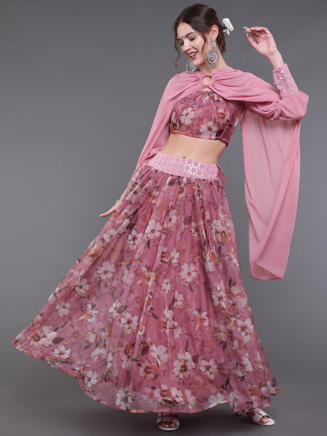 saubhagya mauve & cream-coloured printed ready to wear lehenga & blouse with dupatta