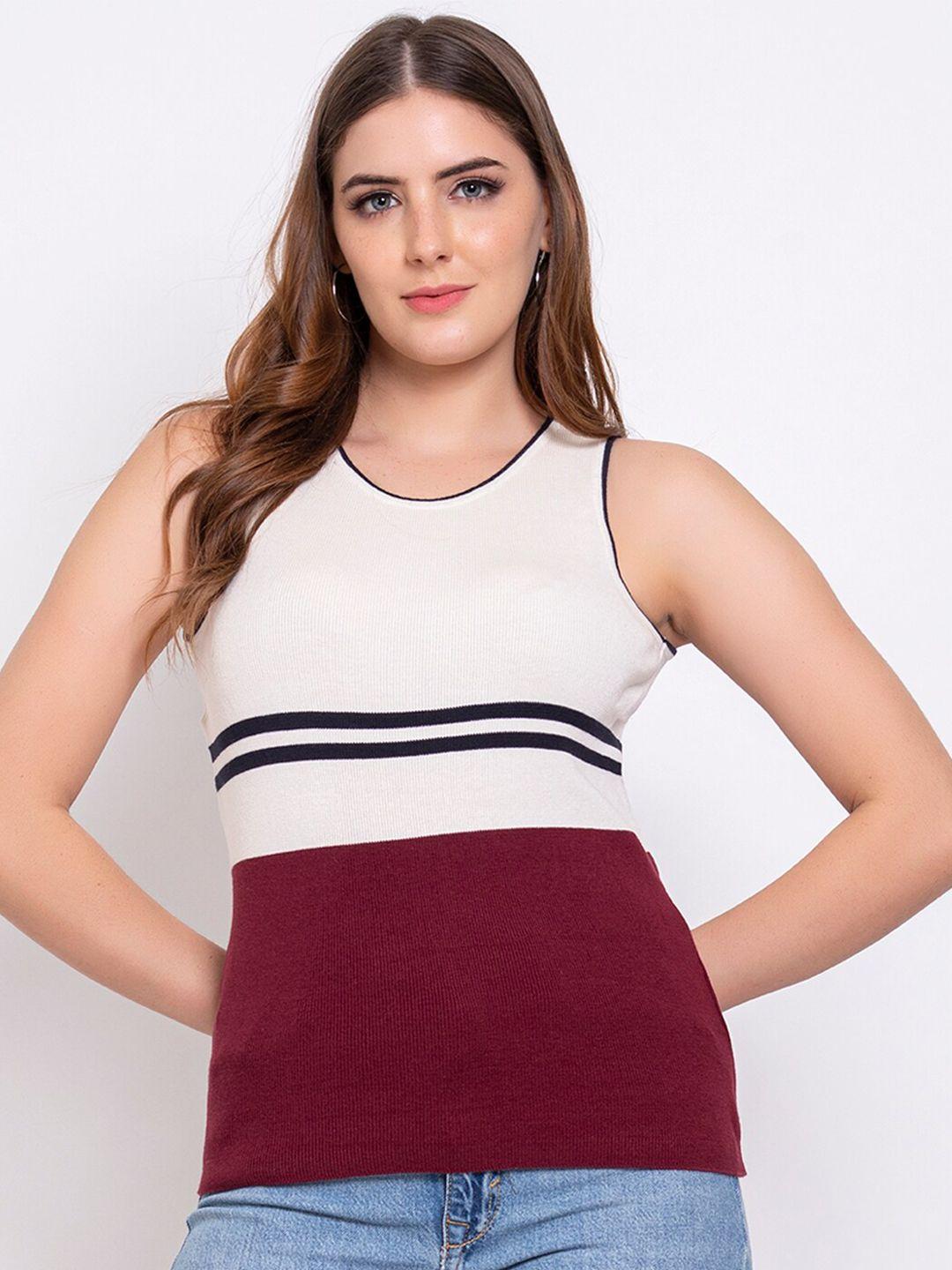 armisto women maroon & off white colourblocked pure cotton sleeveless t-shirt