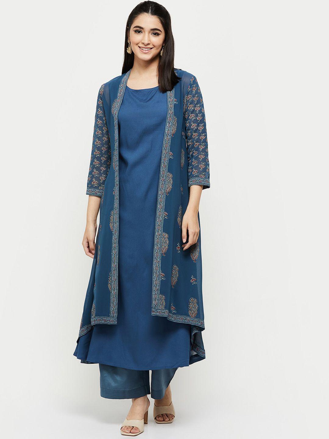 max women blue solid a-line kurta with printed long jacket