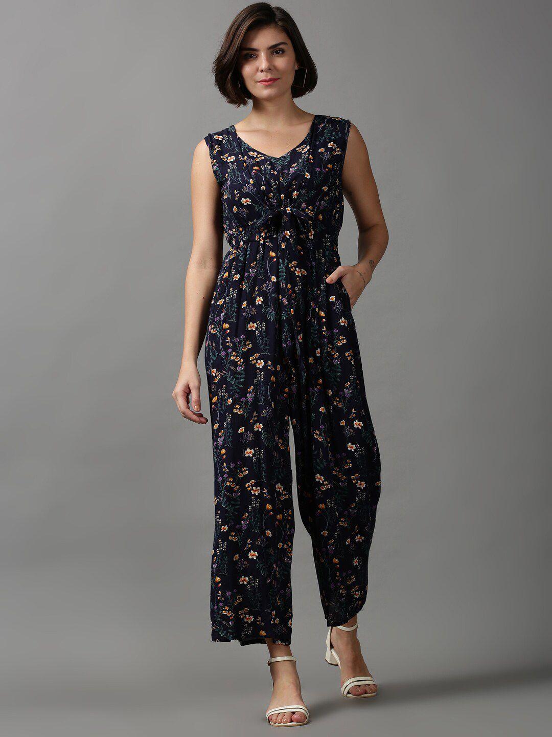 showoff women navy blue printed sleeveless basic jumpsuit