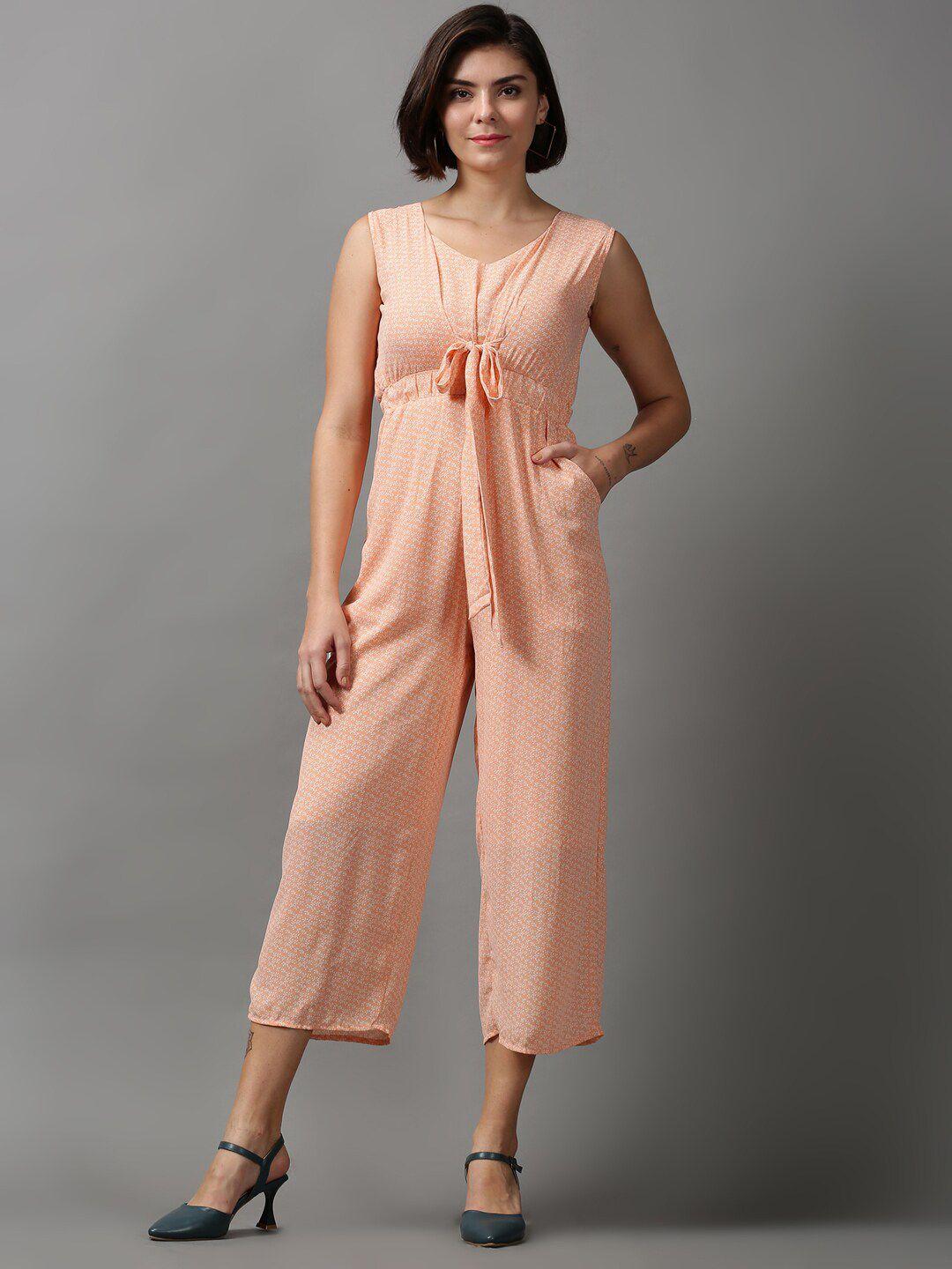 showoff women orange & white printed basic jumpsuit