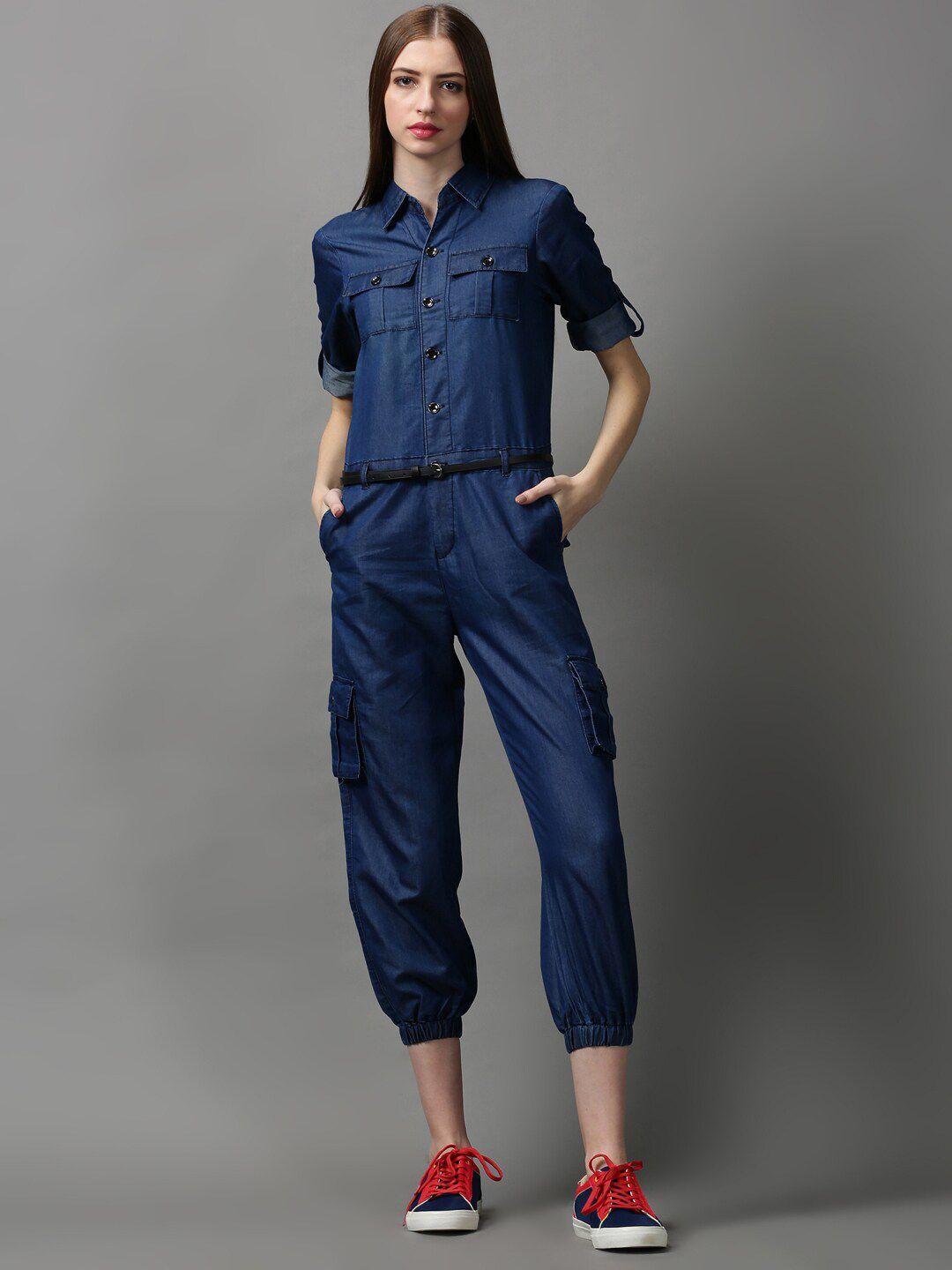 showoff women navy blue basic jumpsuit