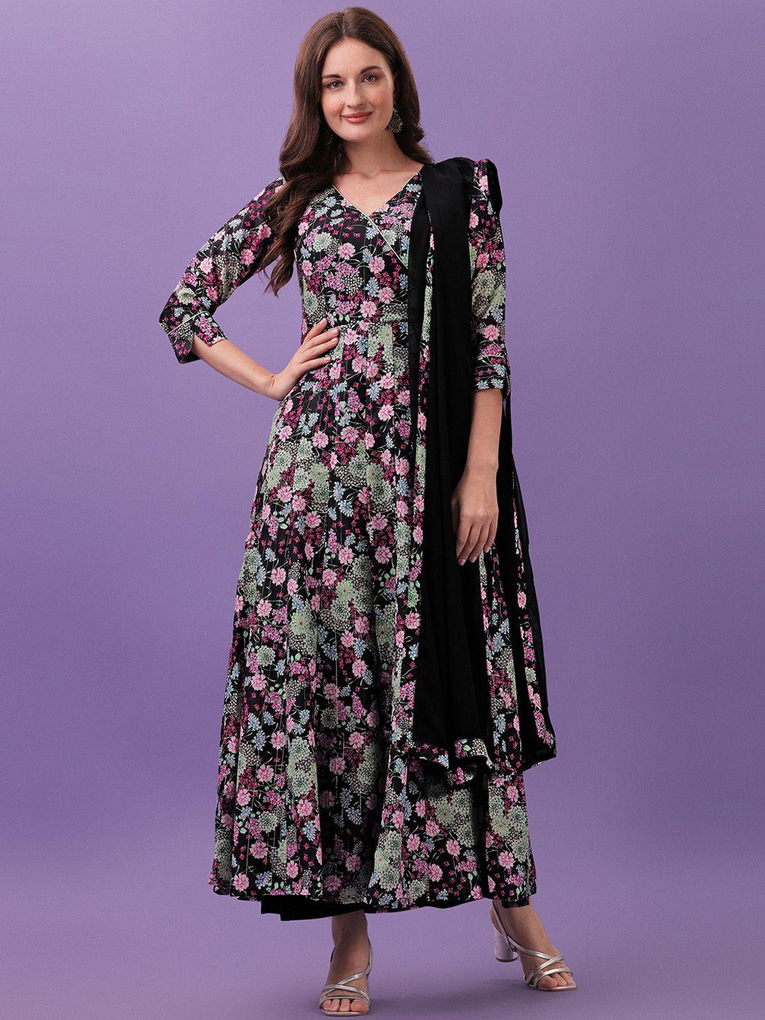 aspora women black floral printed cotton angrakha kurta with palazzos & dupatta