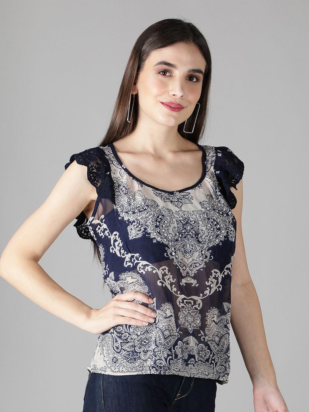 debonatella women navy blue & off white floral print georgette top