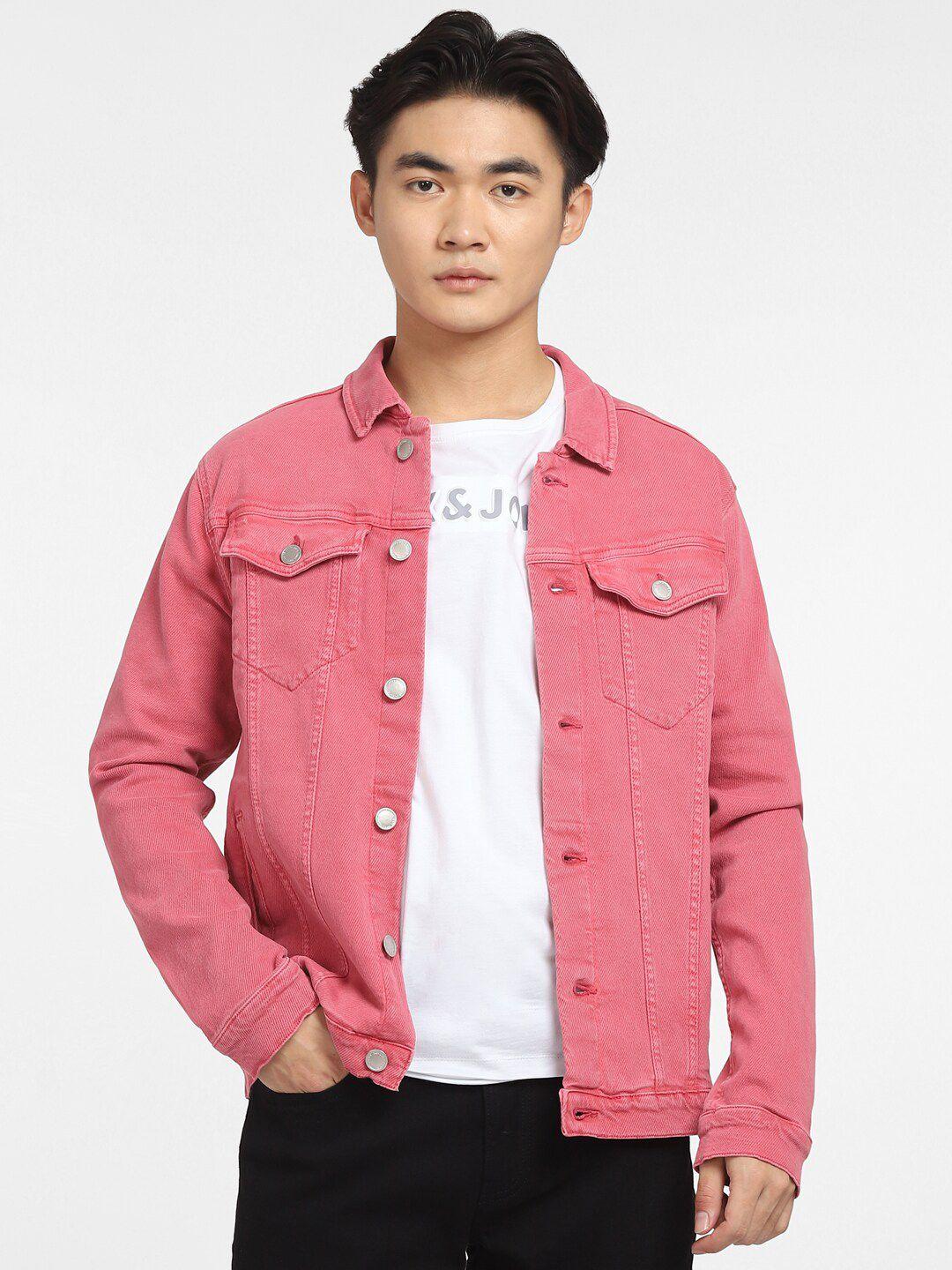 jack & jones men pink cotton denim jacket