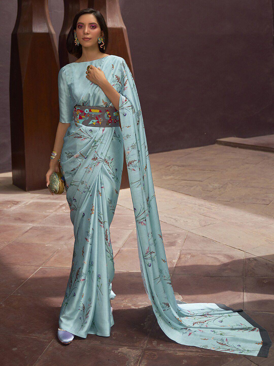 mitera turquoise blue floral satin saree