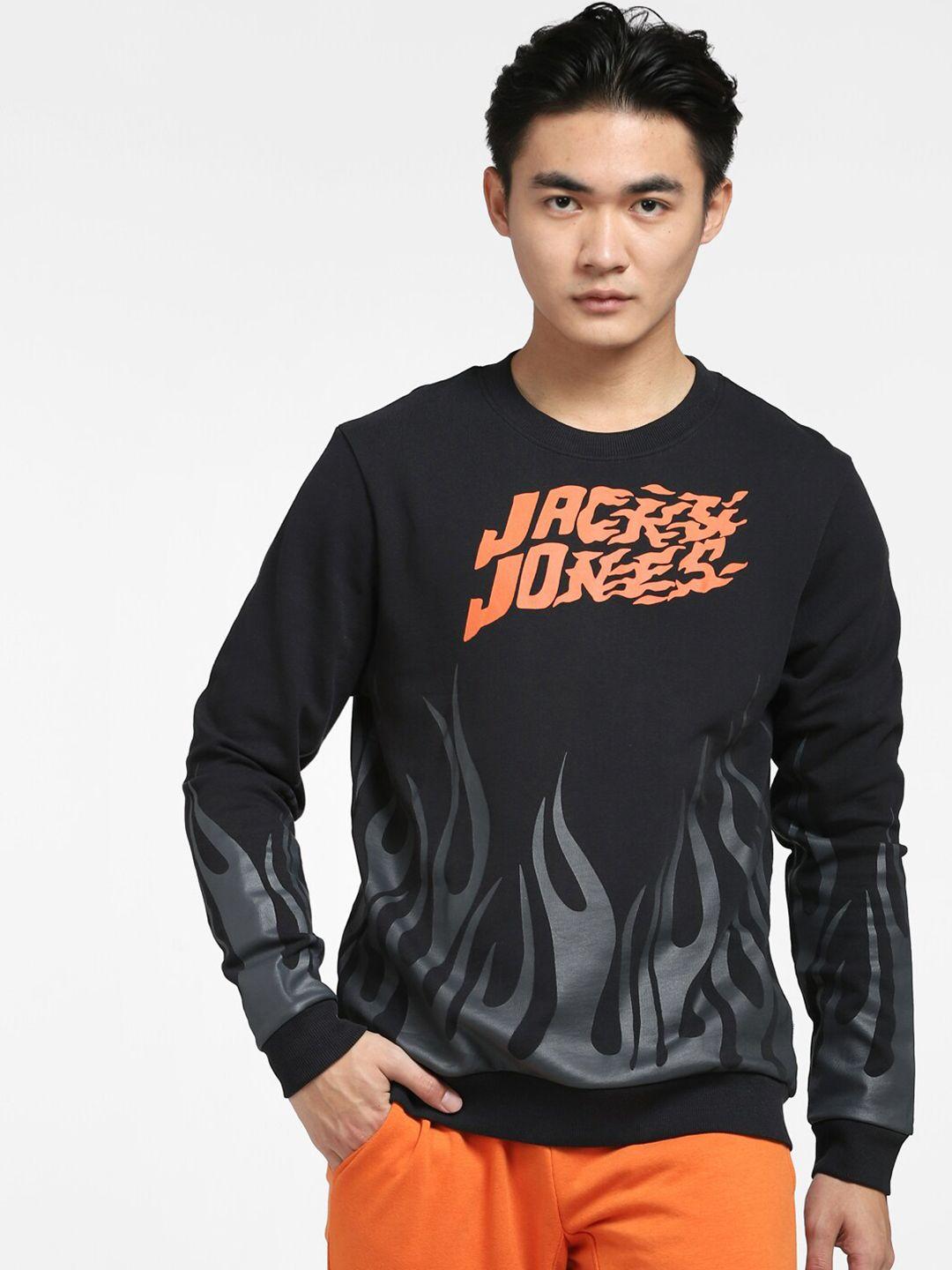 jack & jones men black typography cotton sweatshirt