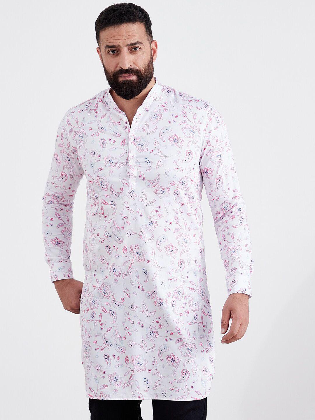 mr button men white floral printed kurta