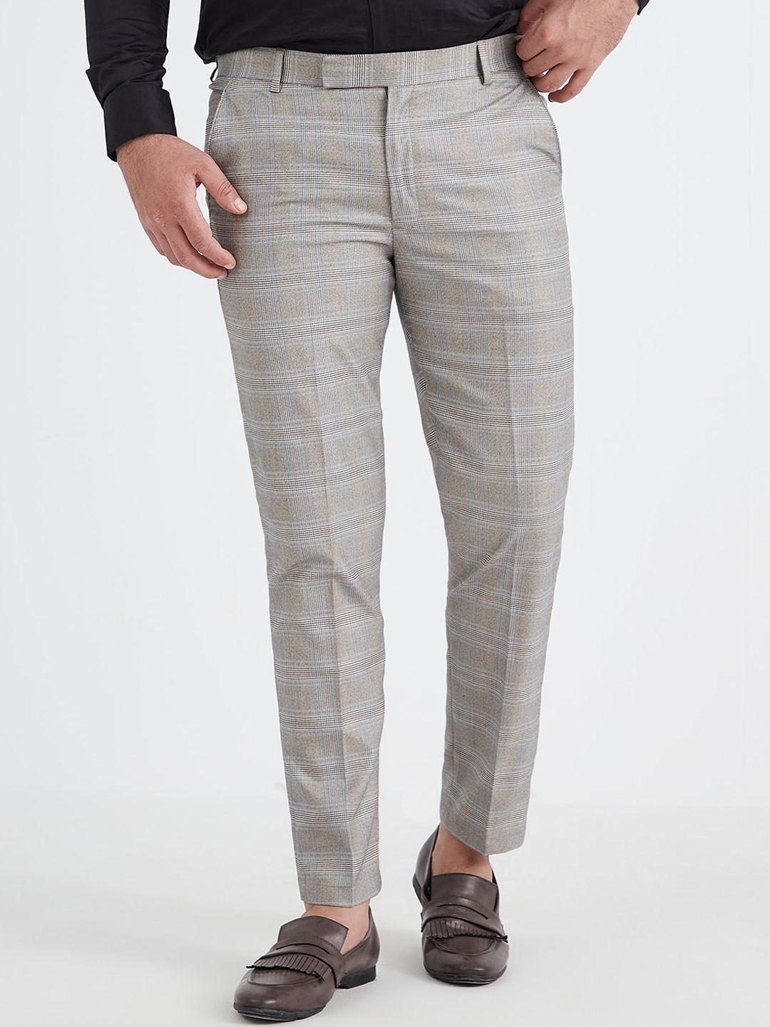 mr button men brown checked slim fit trousers