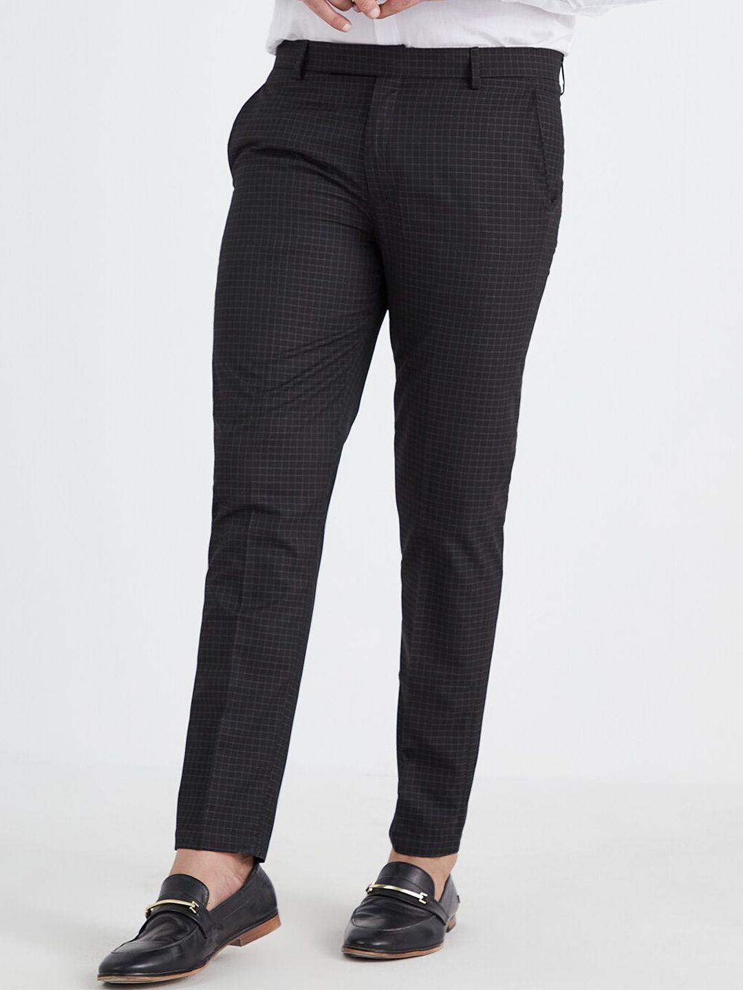 mr button men black checked slim fit trousers