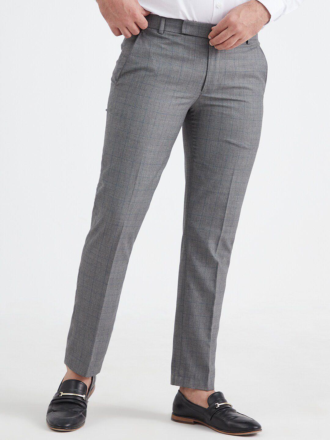 mr button men grey checked slim fit formal trouser