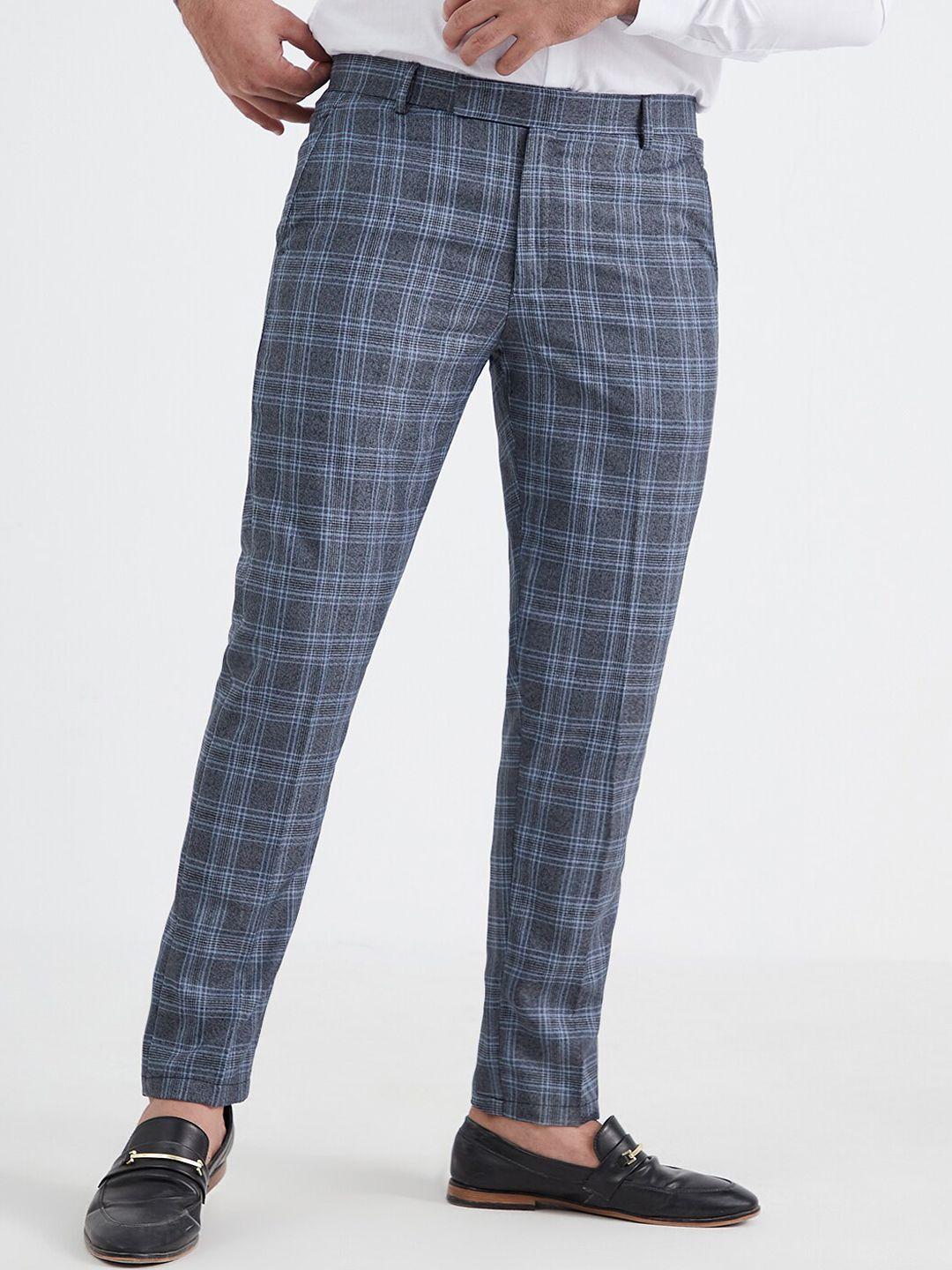 mr button men grey checked slim fit formal trousers