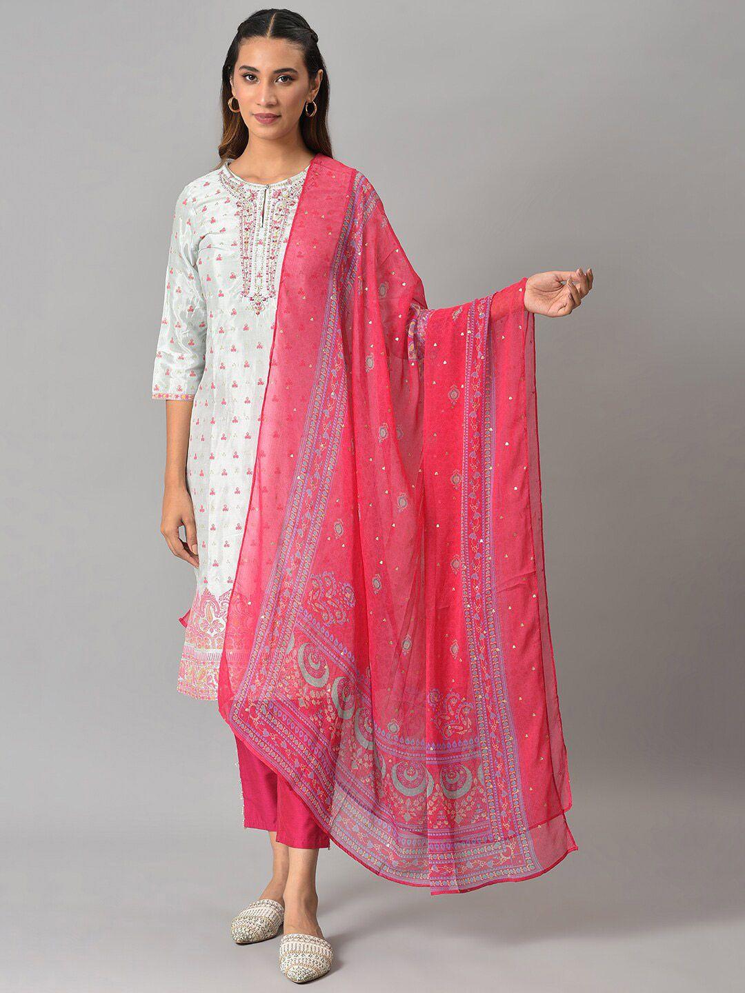 w women pink & blue printed poly crepe dupatta