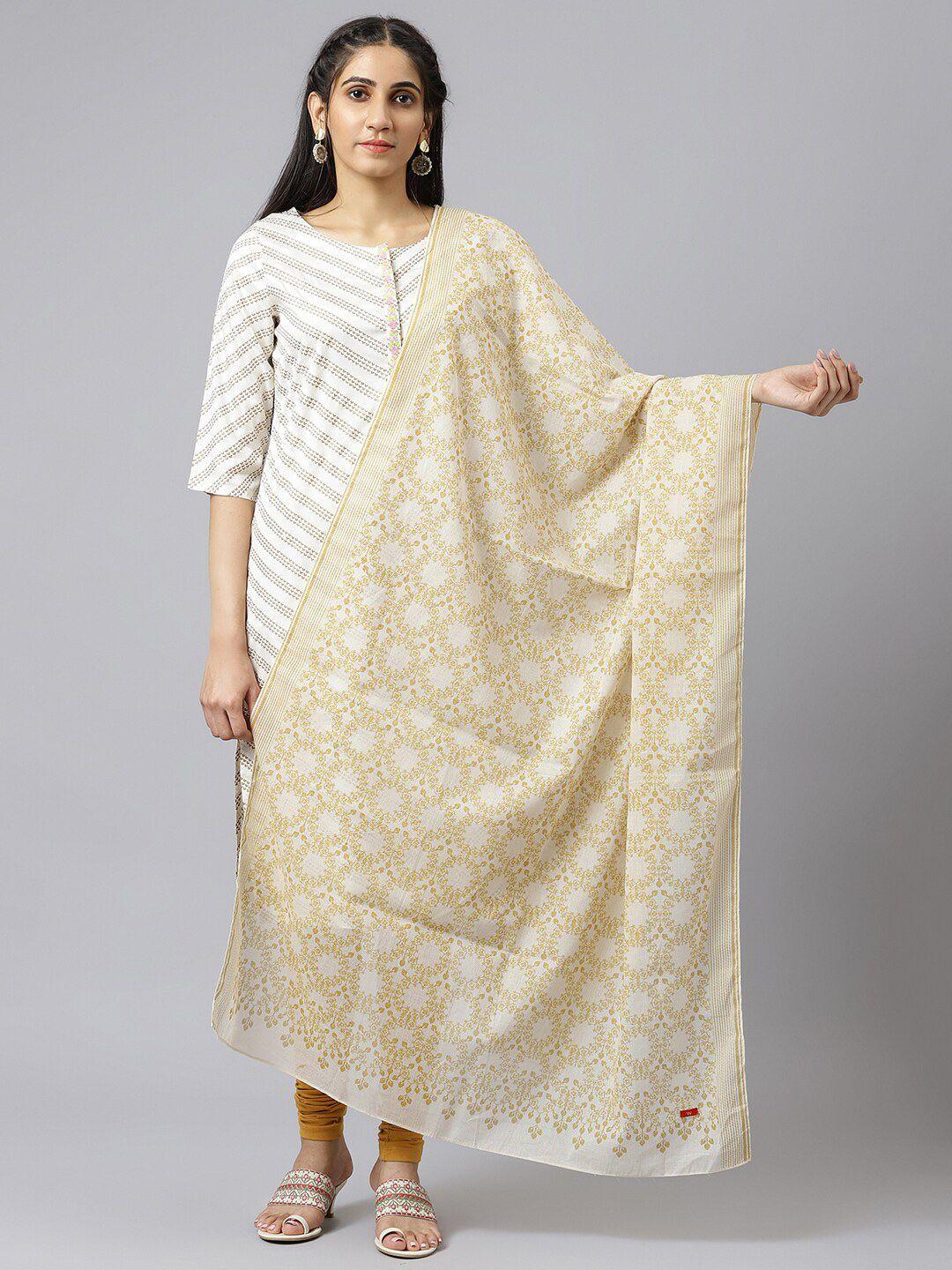 w white & cream-coloured ethnic motifs printed dupatta