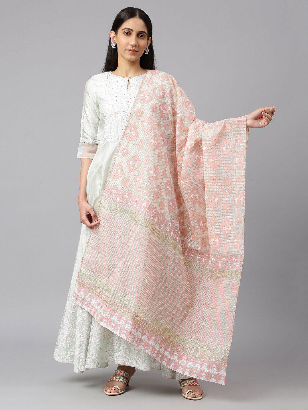 w women pink & white printed poly crepe dupatta