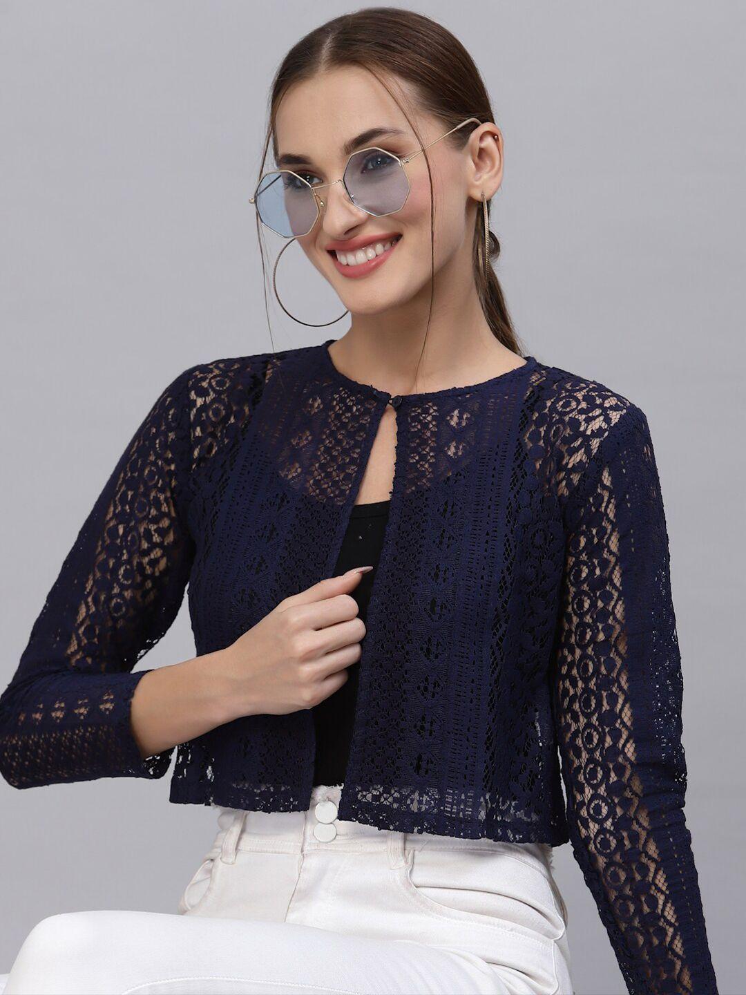 style quotient women navy blue self design shrug