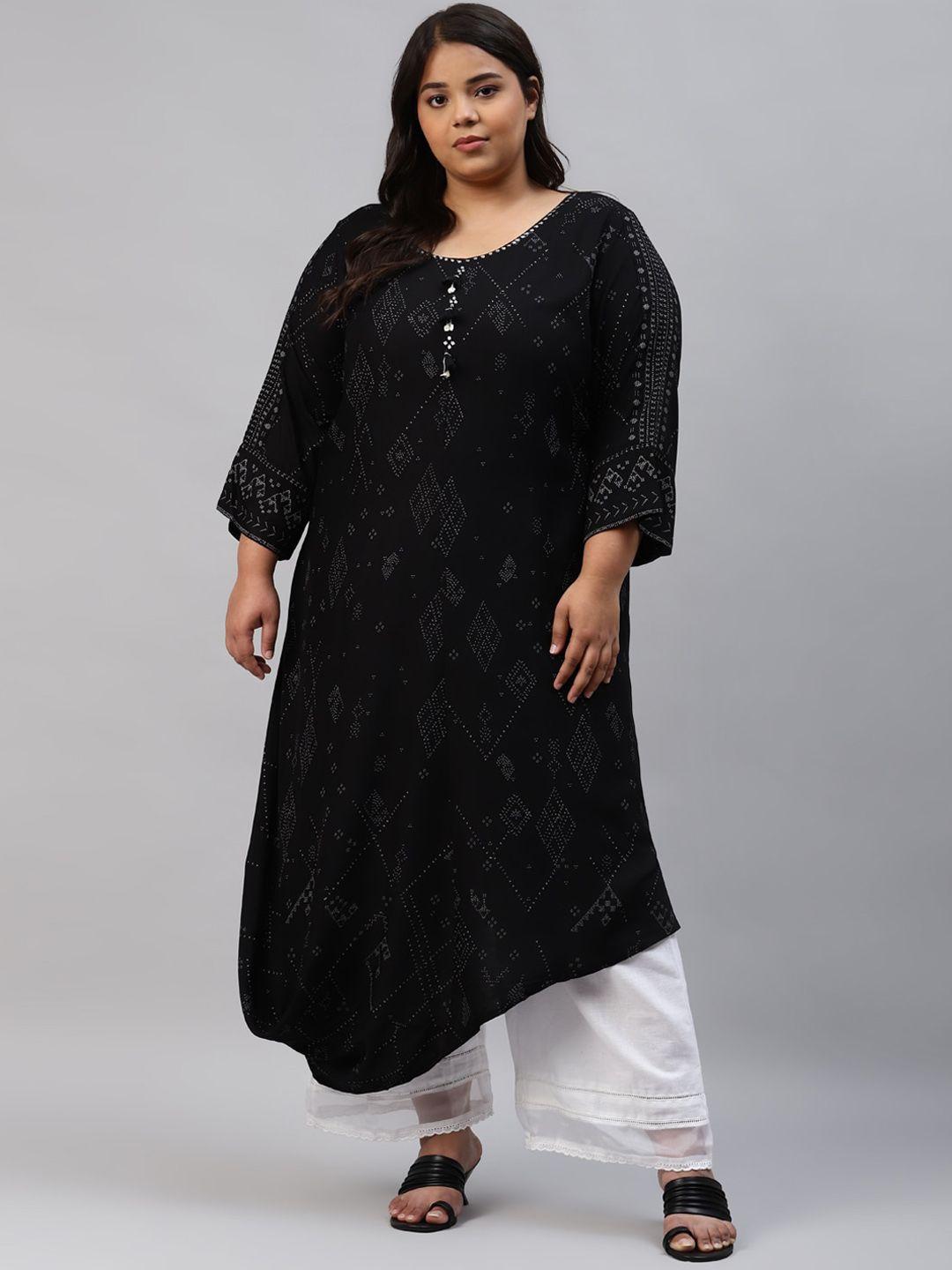 w women black geometric printed thread work kurta