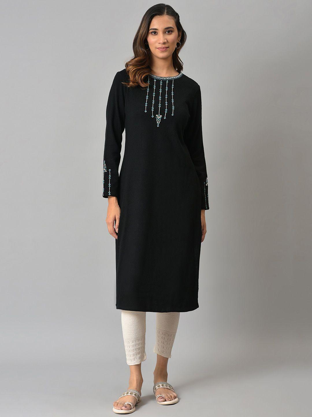 w women black yoke design thread work kurta