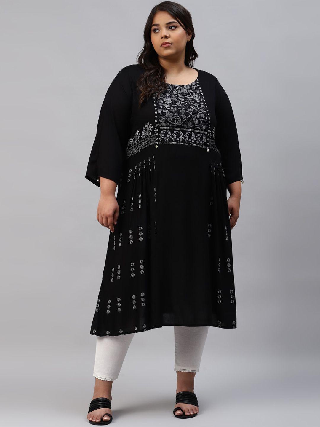 w women black ethnic motifs embroidered thread work handloom kurta