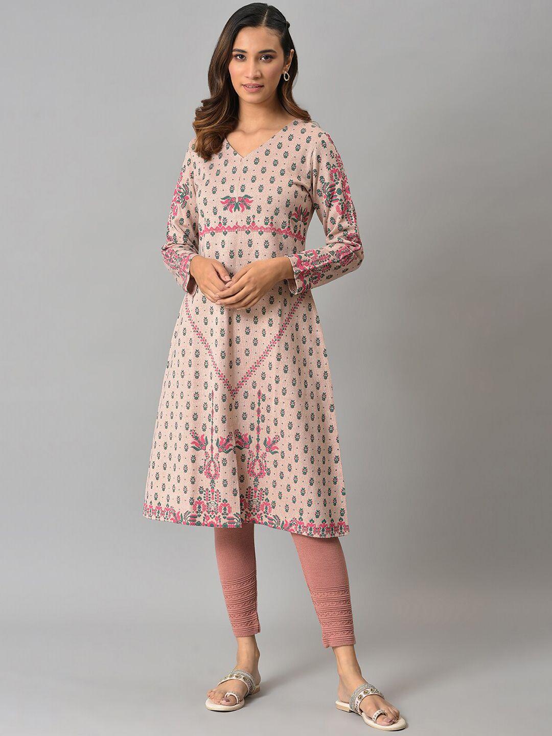 w women pink ethnic motifs printed v-neck kurta