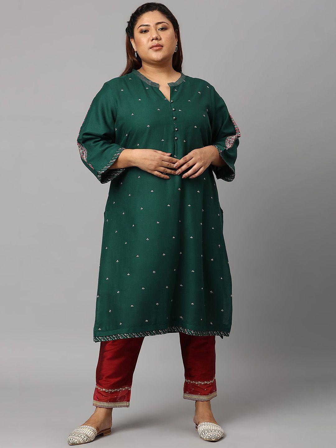 w women green geometric embroidered thread work flared sleeves kurta