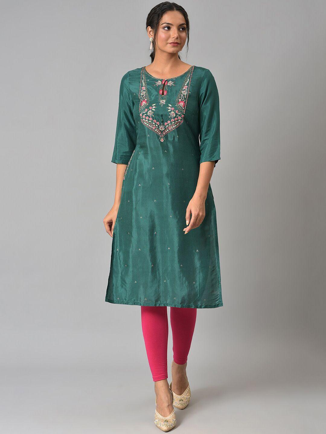 w women green ethnic motifs embroidered keyhole neck thread work kurta