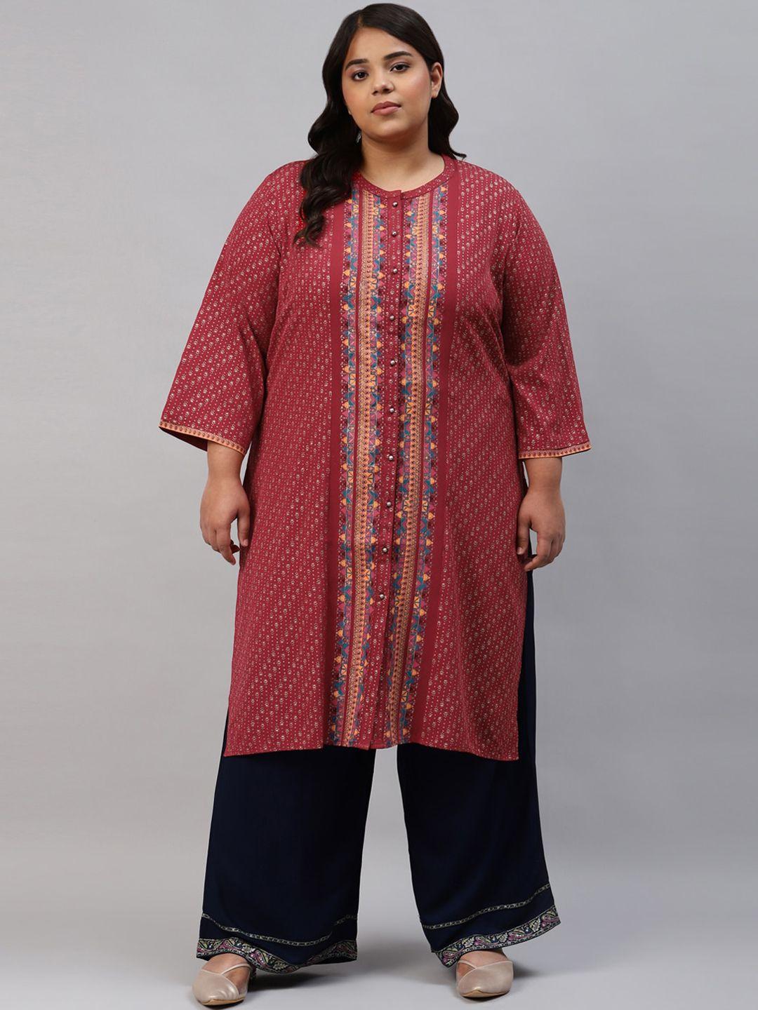 w women red geometric striped flared printed sleeves kurta