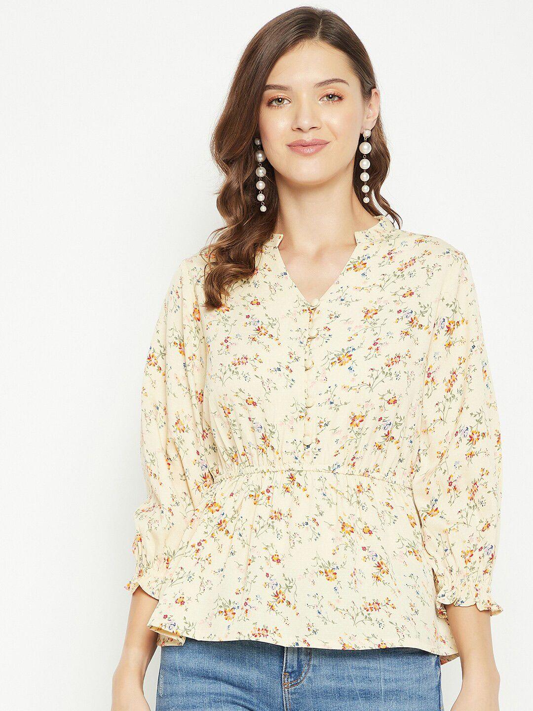 purys cream-coloured & brown floral print mandarin collar crepe top