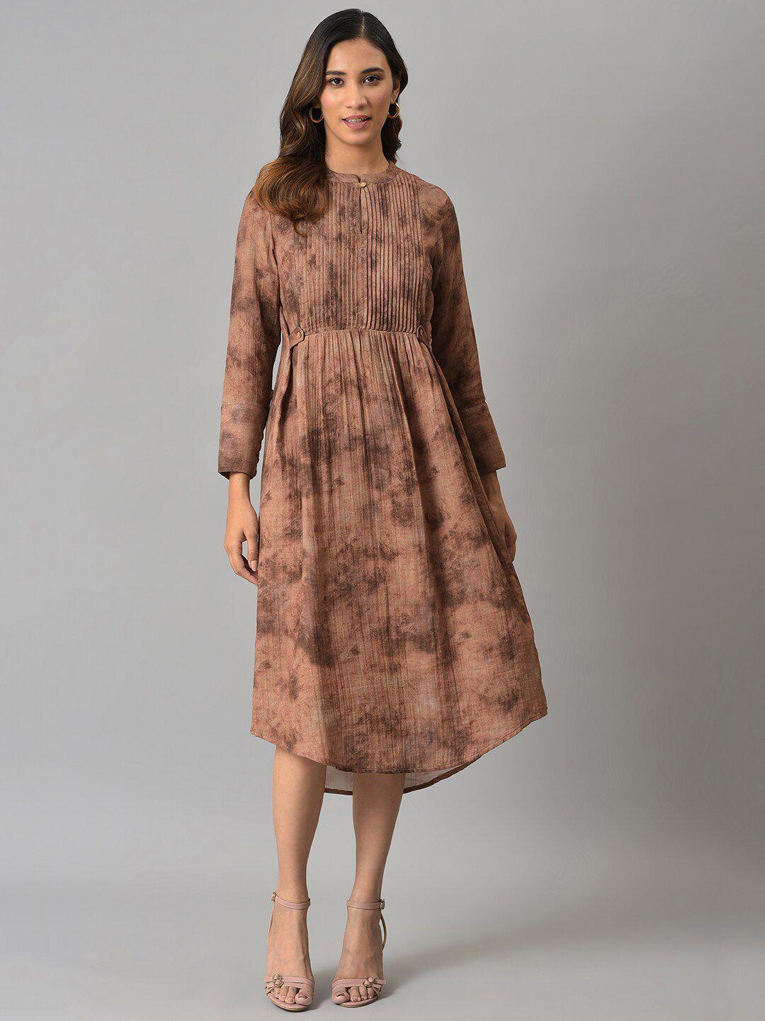 w women brown printed pure cotton a-line midi dress