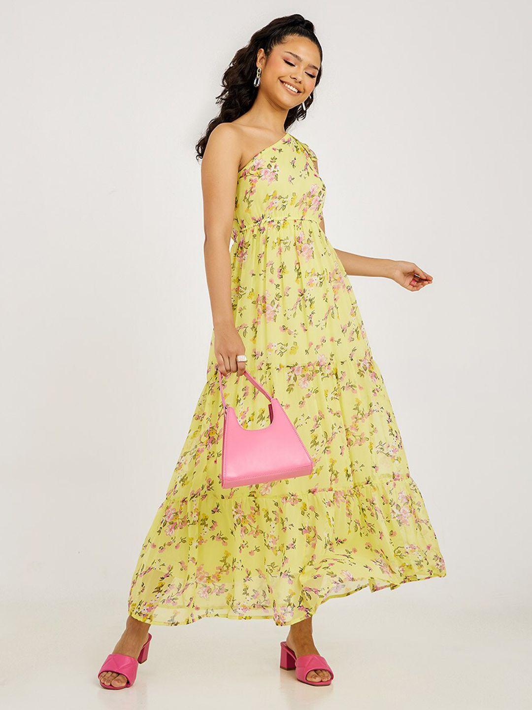 styli yellow & pink floral print one shoulder tie-up a-line maxi dress