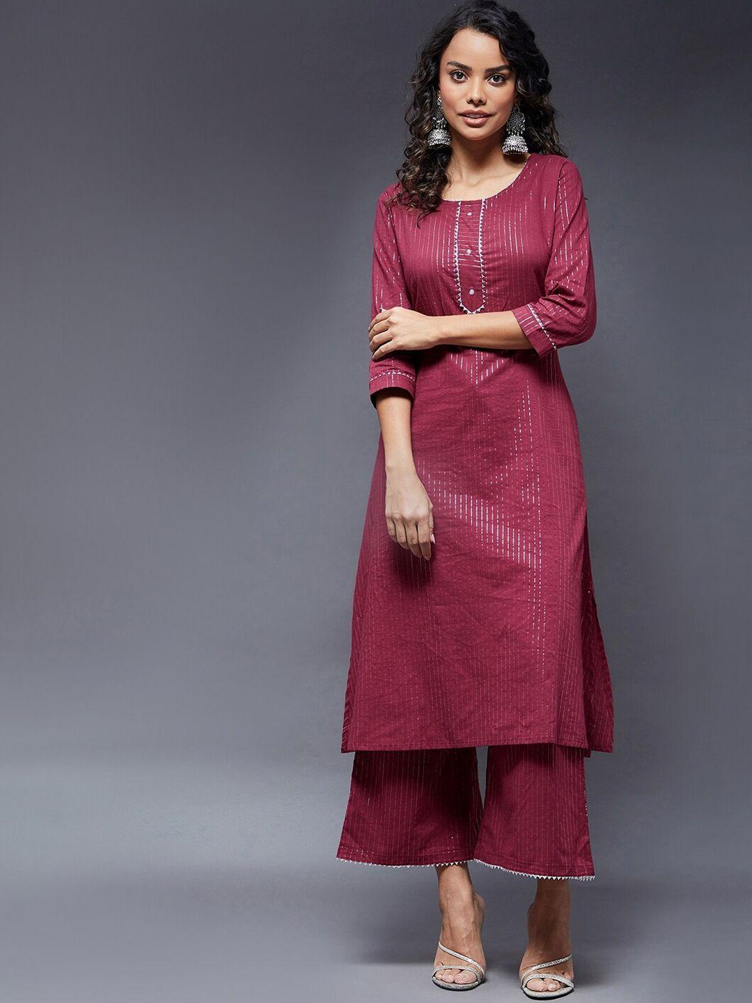 azira women maroon striped pure cotton kurta with palazzos