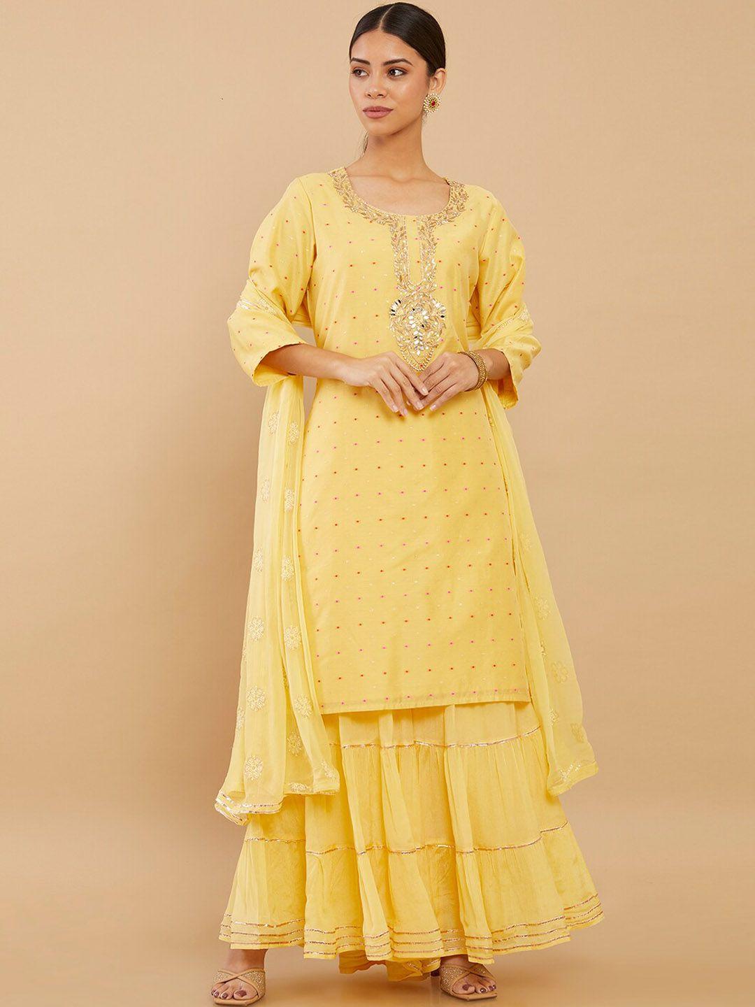 soch women yellow floral embroidered thread work pure silk kurta with sharara & with dupatta