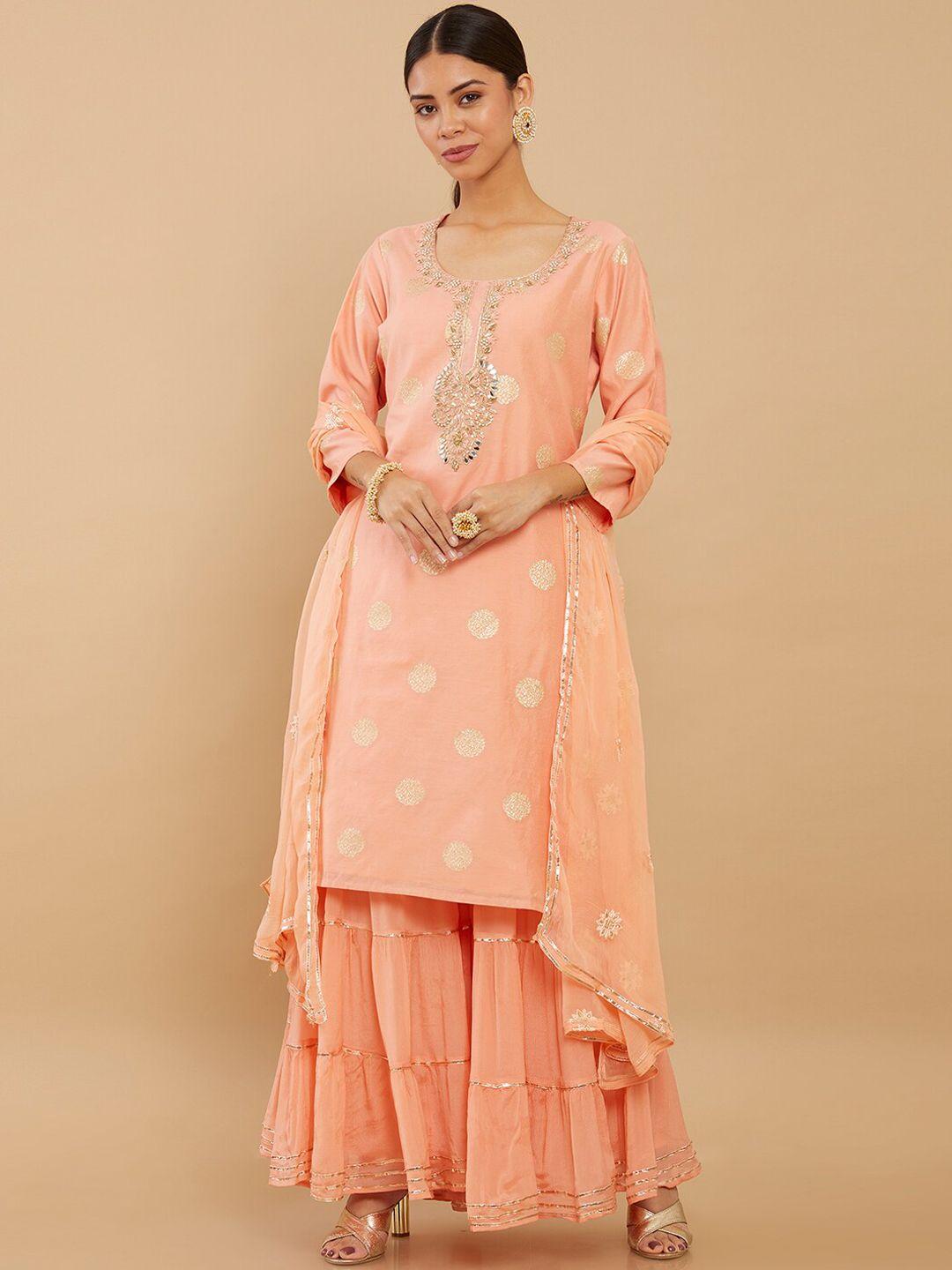 soch women peach-coloured floral embroidered pure silk kurta with sharara & dupatta