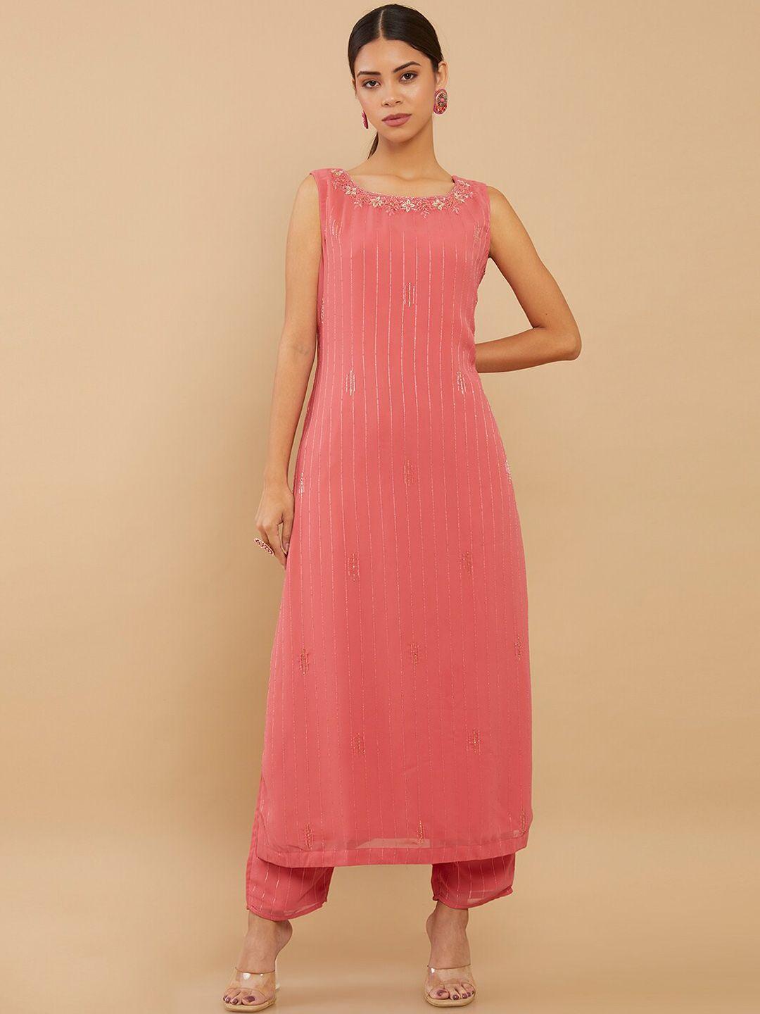 soch women pink striped silk georgette kurta with trousers